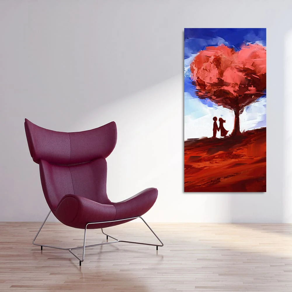 Red Love Heart Tree with Couple Premium Canvas Wall Painting - Image 2