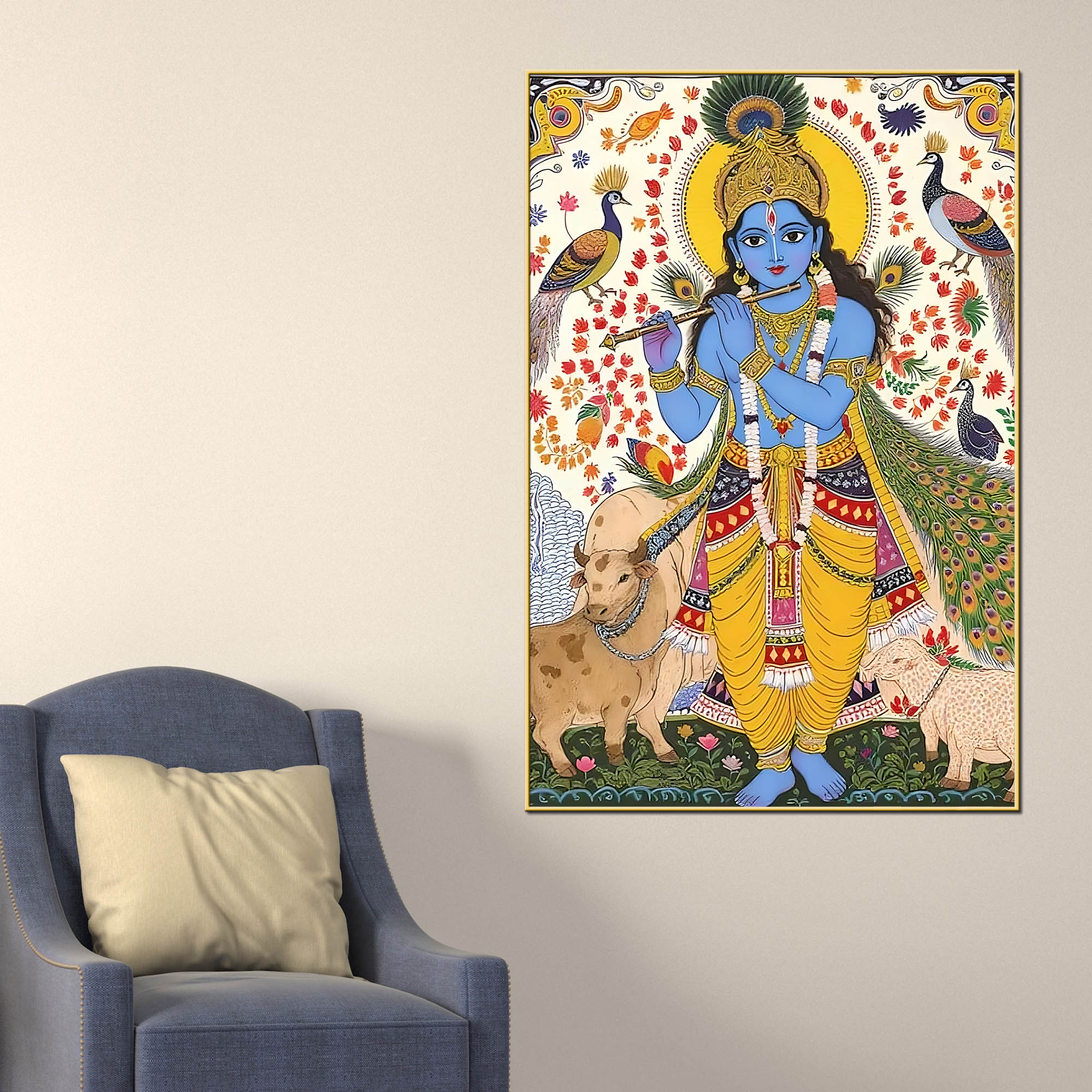 Religious Lord Krishna with Cow Canvas Painting - Image 2