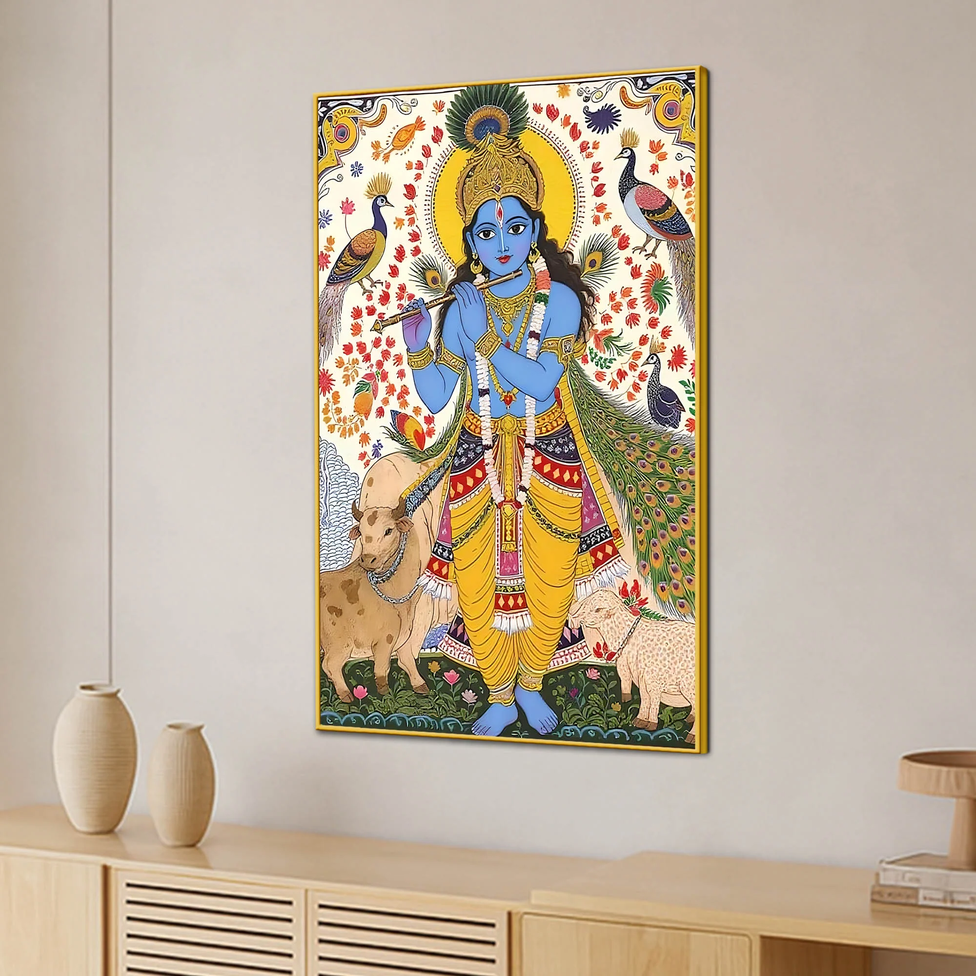 Religious Lord Krishna with Cow Canvas Painting - Image 3