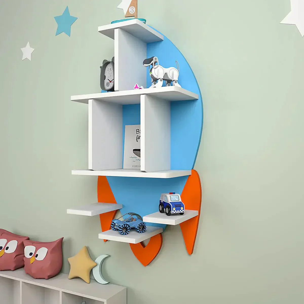 Rocket Shape Wooden Wall Storage Shelf for Kids - Image 2