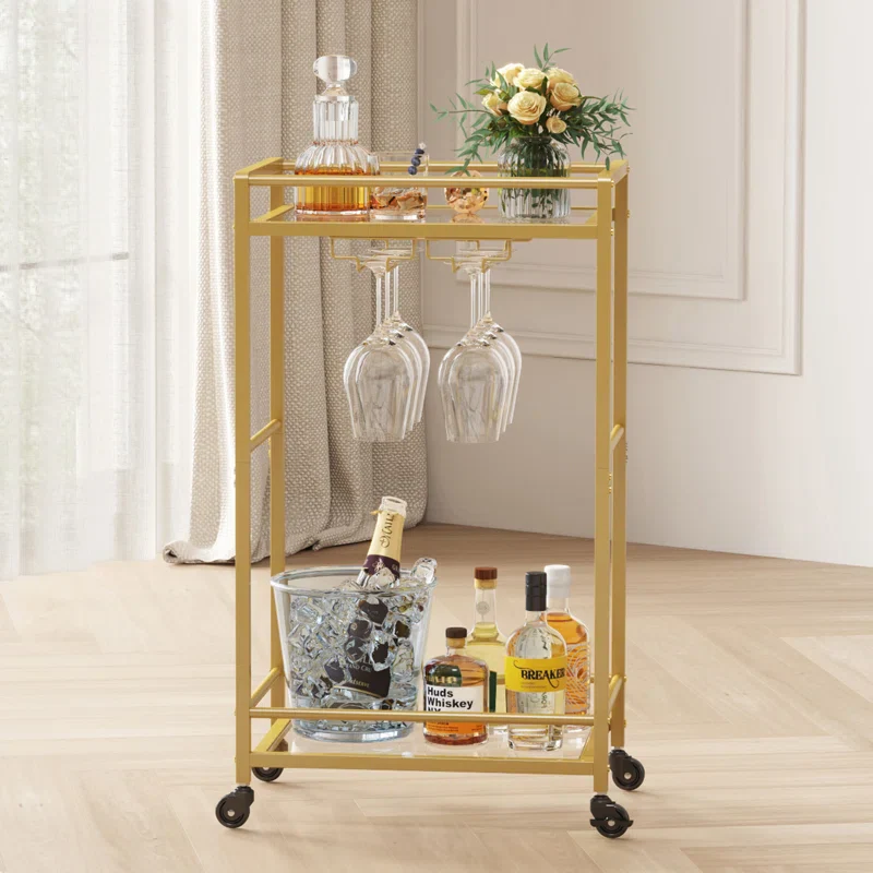 Rolling Golden Bar Cart with Bottle & Glass Organizer - Image 6
