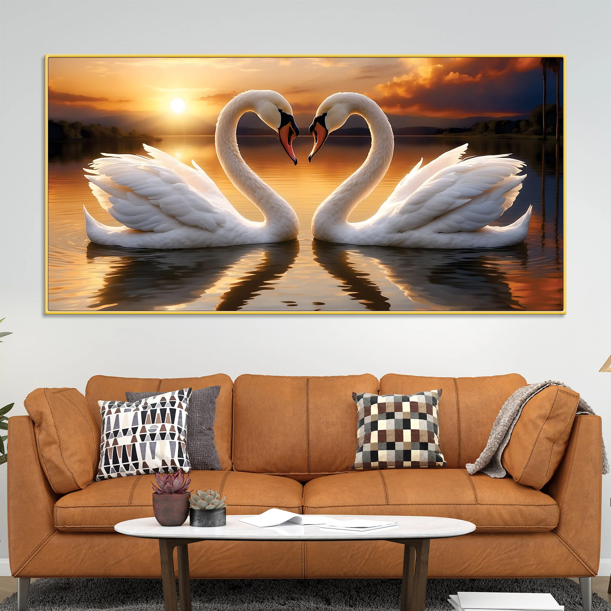 Romantic Swan Couple Wall Painting for Living Room Décor - Image 2