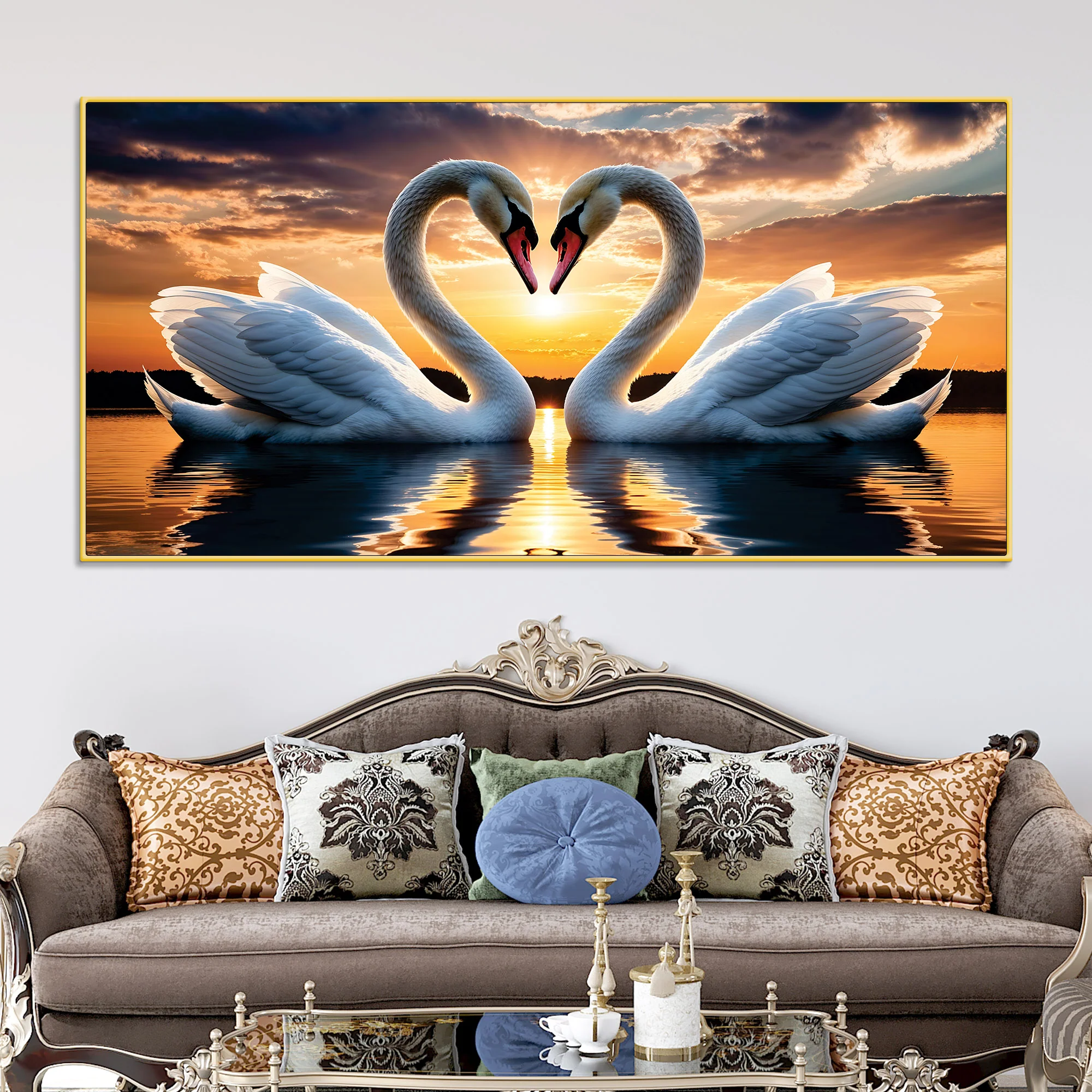 Romantic White Swan Wall Painting for Modern Living Room