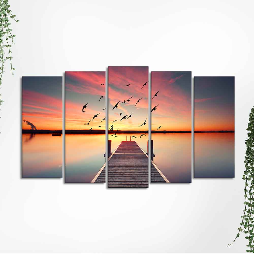 Romantic Wooden Jetty in Sunset Canvas wall Painting of Five Pieces - Image 5