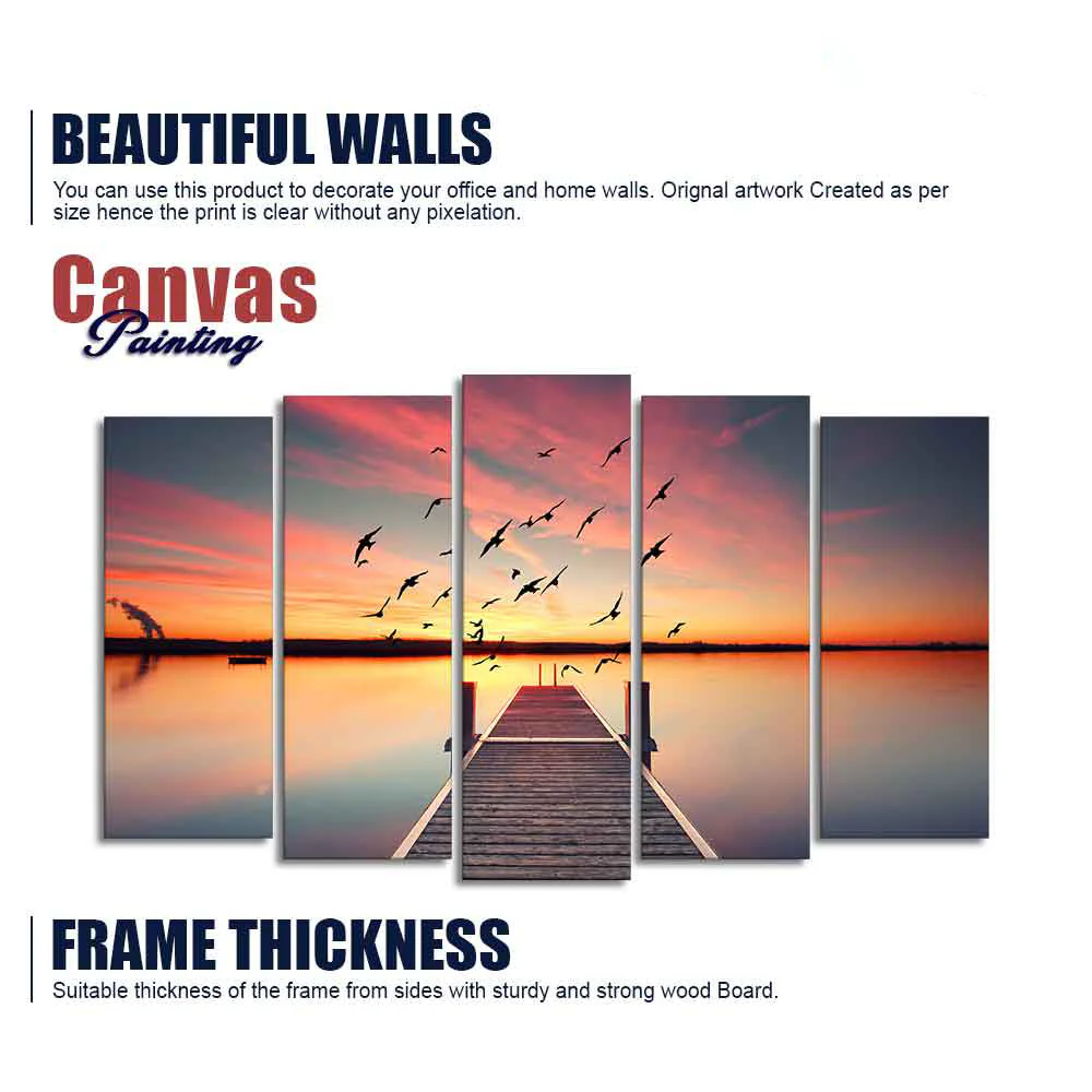 Romantic Wooden Jetty in Sunset Canvas wall Painting of Five Pieces - Image 6