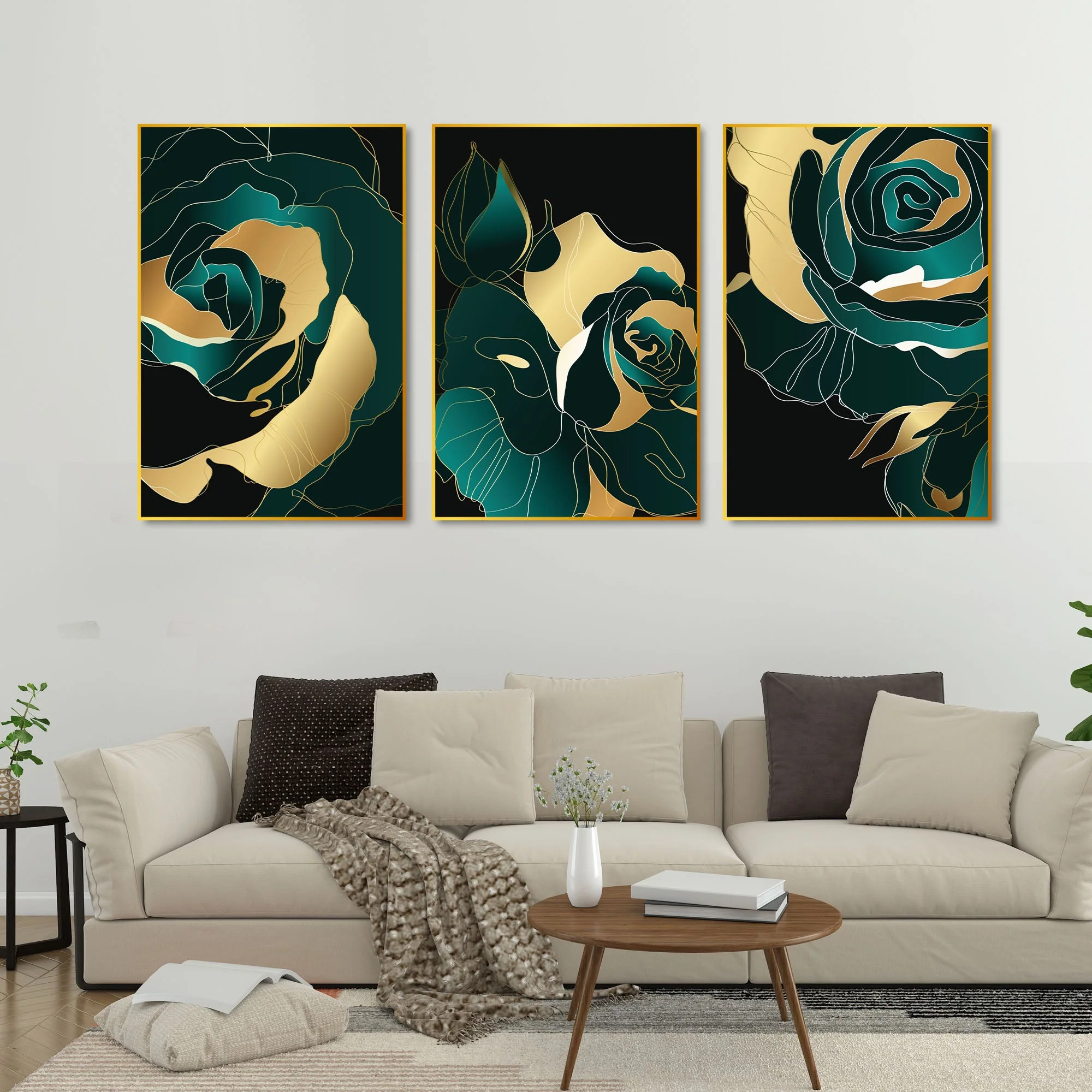 Rose Abstract Line Art Floating Canvas Wall Painting Set of Three - Image 2