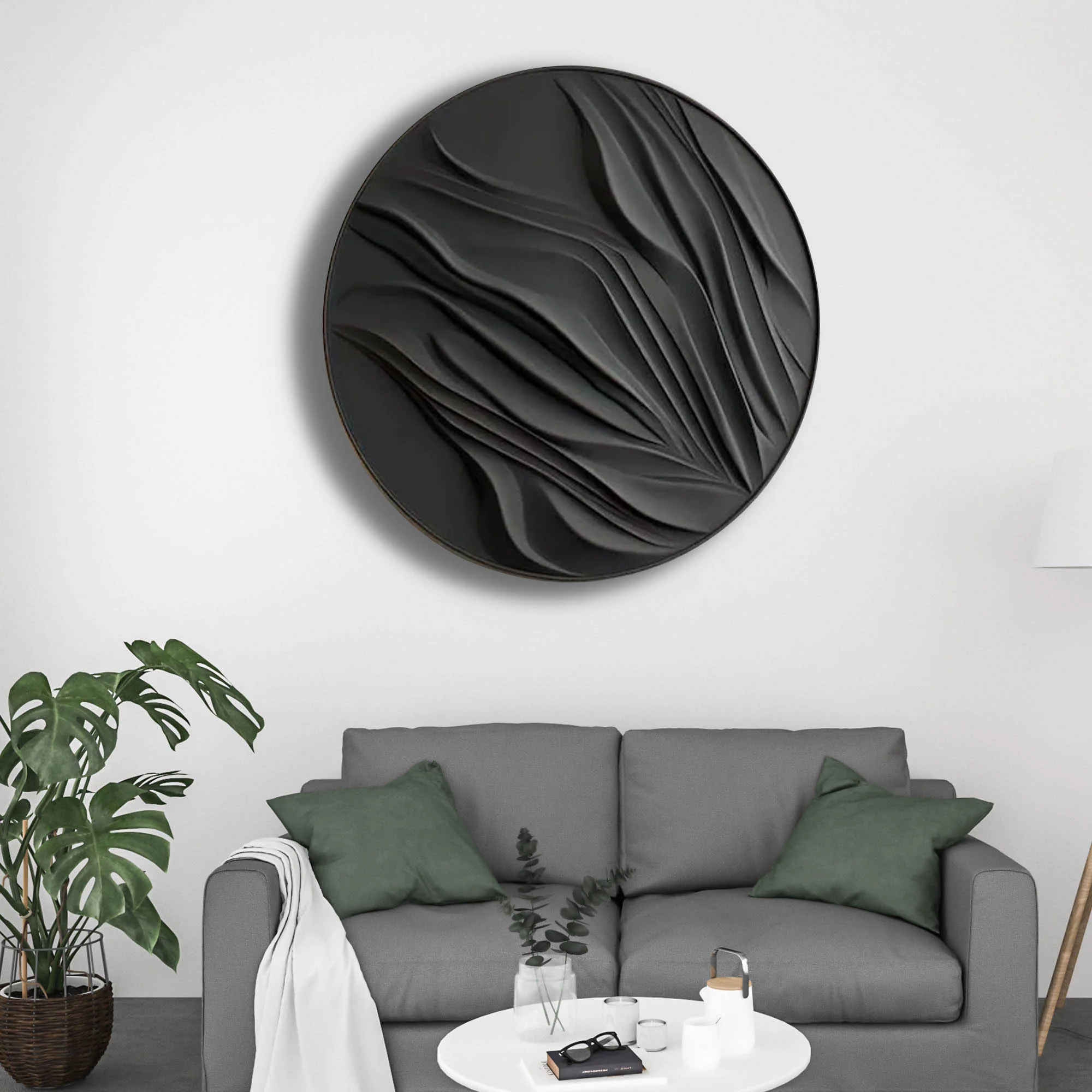 Round Black 3D Wall Art Panel with Flowing Abstract Design