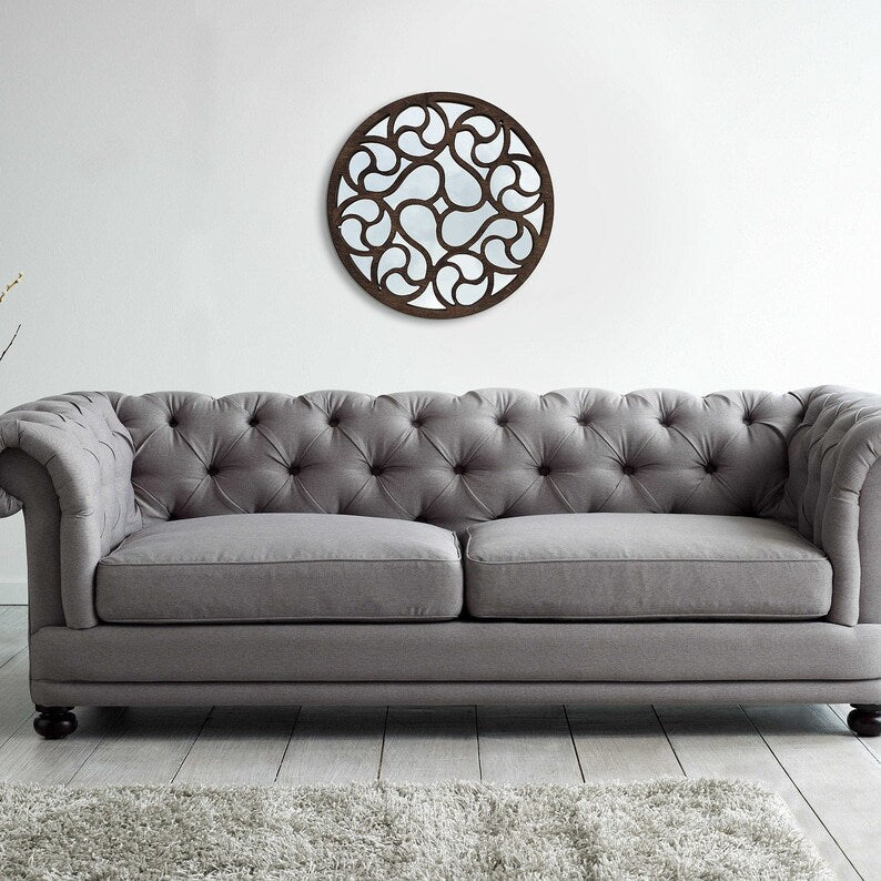 Round Decorative Wall Mirror | Artistic Swirl Wooden Frame Mirror - Image 3