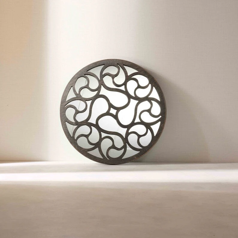 Round Decorative Wall Mirror | Artistic Swirl Wooden Frame Mirror - Image 6