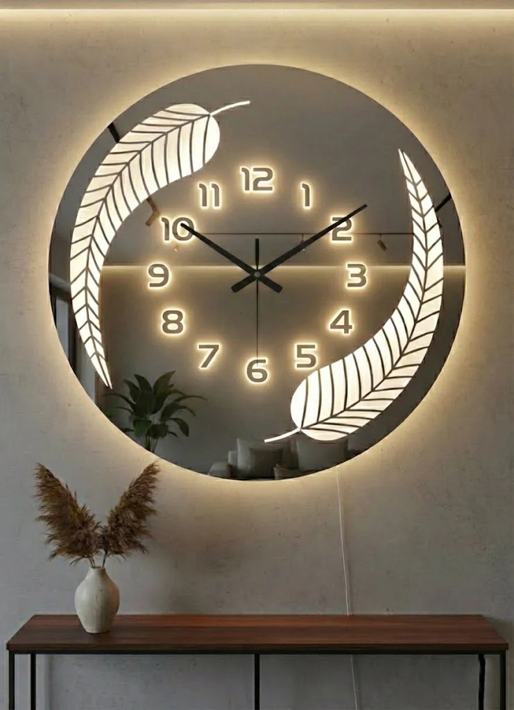 Round LED Mirror Wall Clock | Modern Leaf Design Decorative Clock