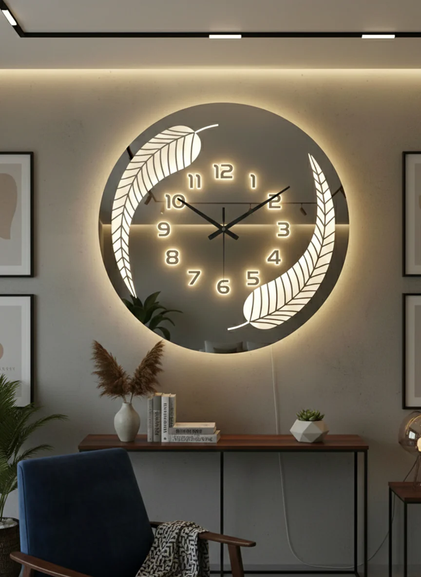 Round LED Mirror Wall Clock | Modern Leaf Design Decorative Clock - Image 2