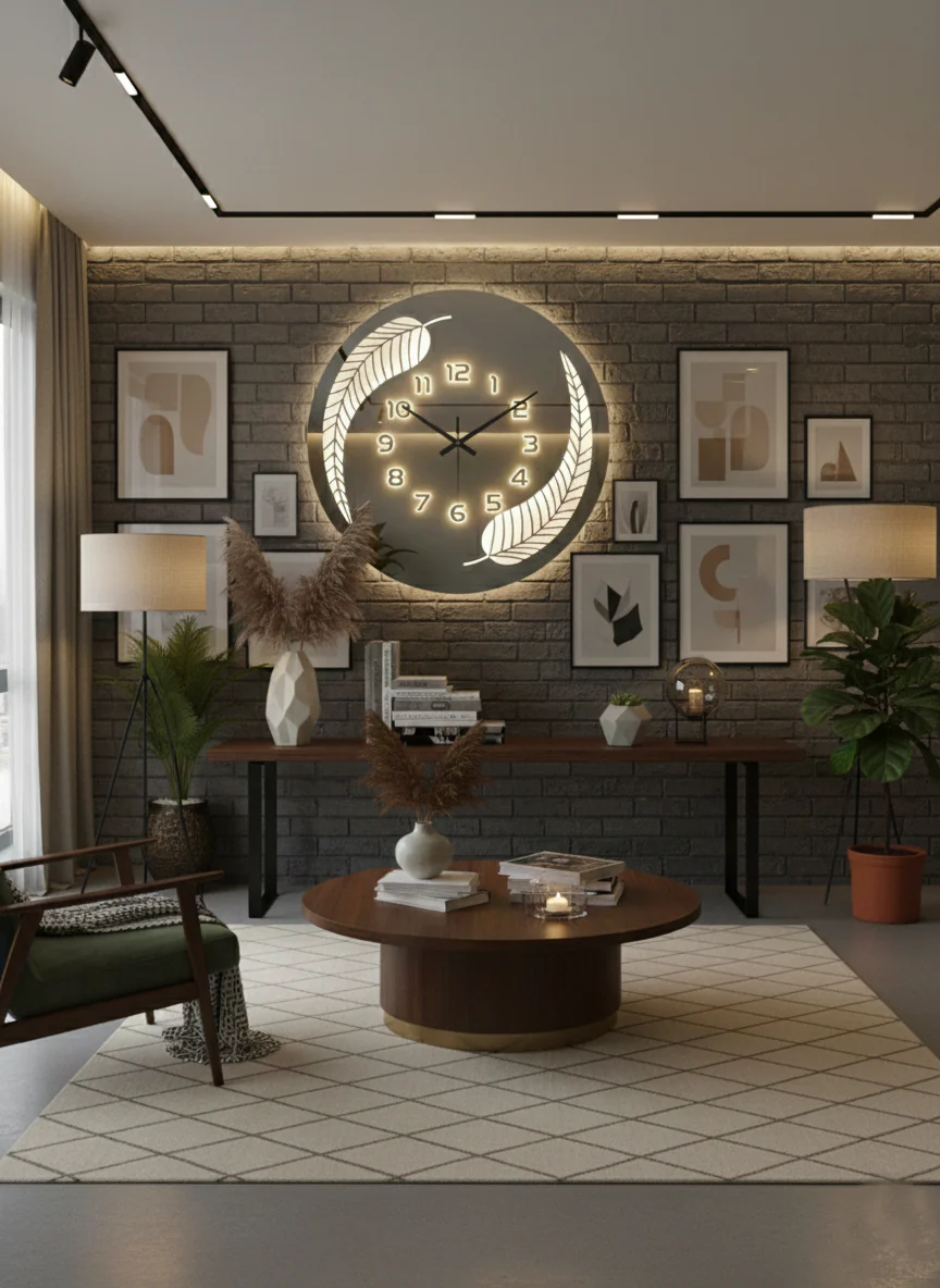 Round LED Mirror Wall Clock | Modern Leaf Design Decorative Clock - Image 3
