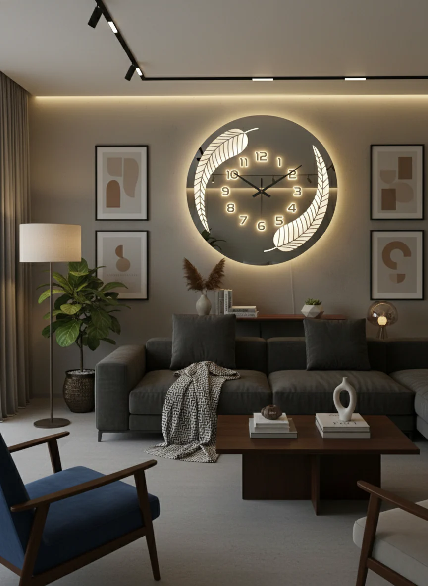 Round LED Mirror Wall Clock | Modern Leaf Design Decorative Clock - Image 4