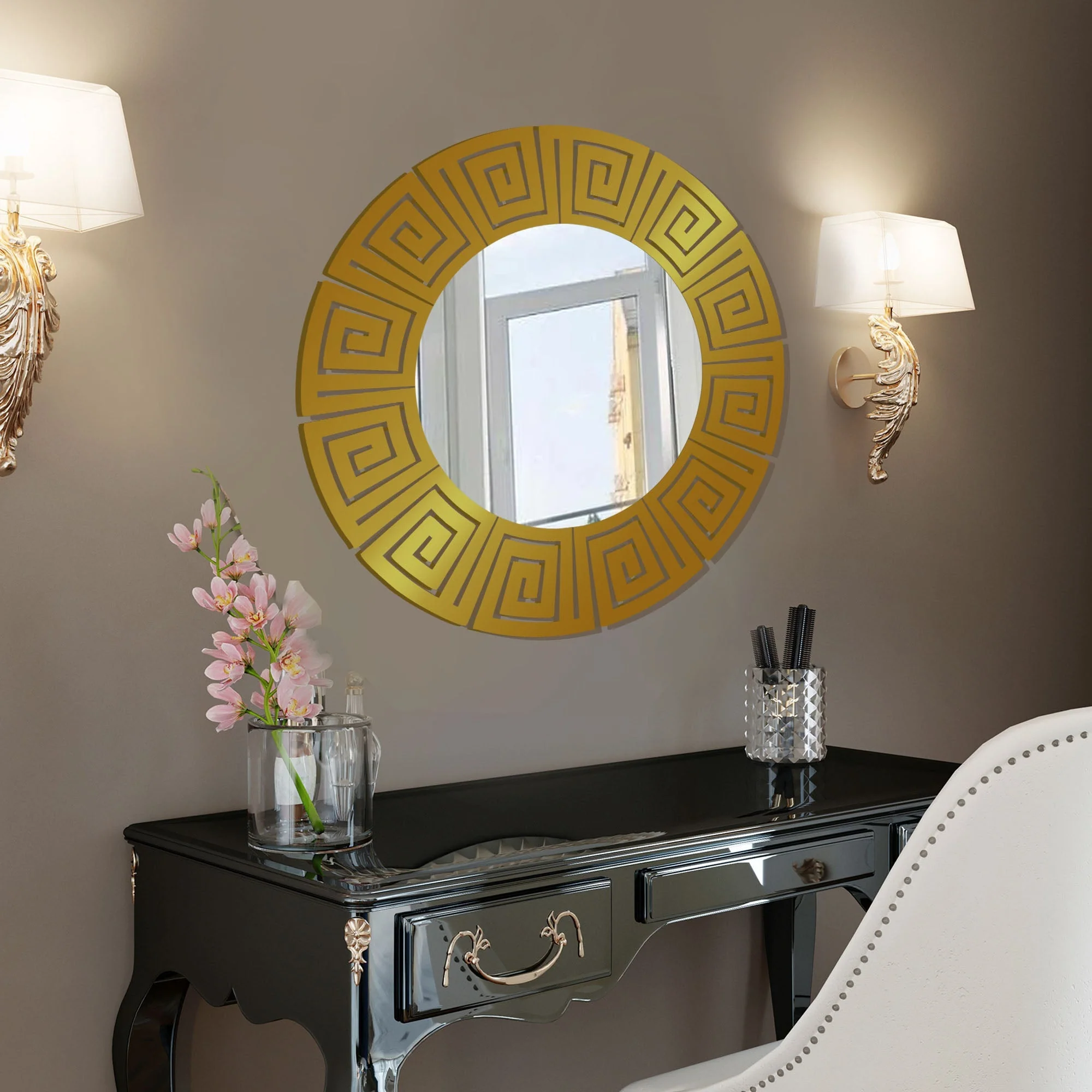 Round Shape Unique Design Stylish Wooden Wall Mirror With Gold Texture - Image 2