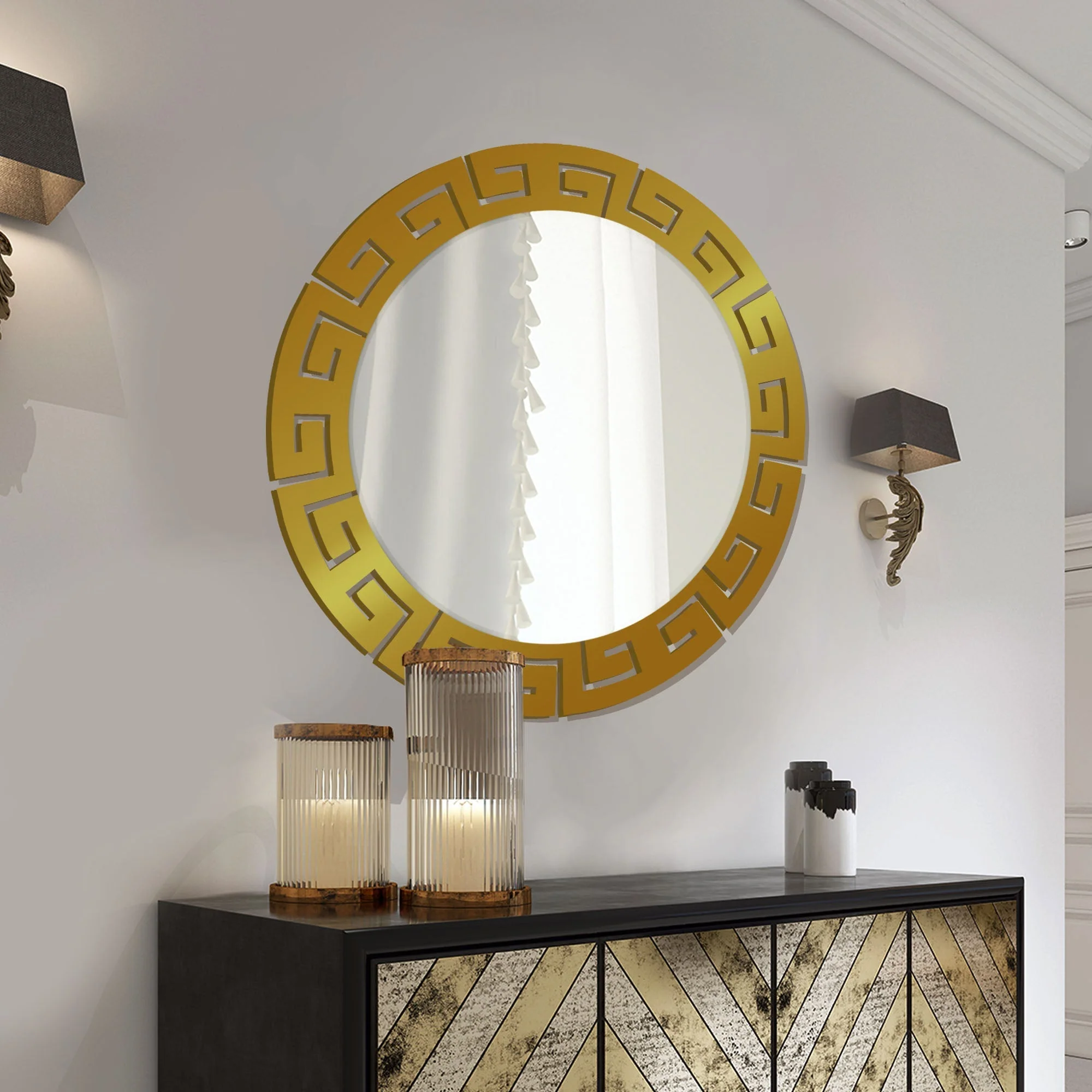 Round Shape Unique Design Wooden Wall Mirror With Gold Texture - Image 2