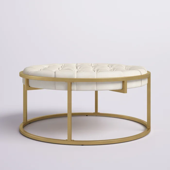 Round Shape Velvet Ottoman with Golden Metal Finish - Image 2