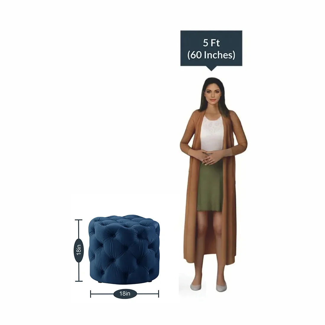 Rounded Shape Dark Blue Color Velvet Tufted Solid Puffy Ottoman - Image 6