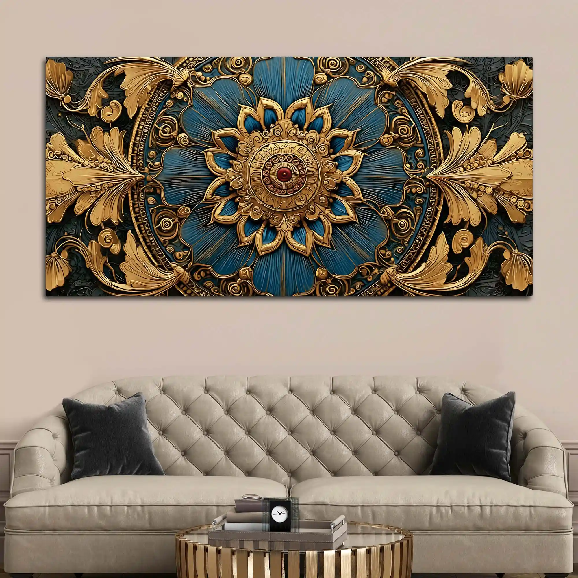 Royal Blue and Gold Mandala Canvas Wall Painting for Home Decor - Image 3