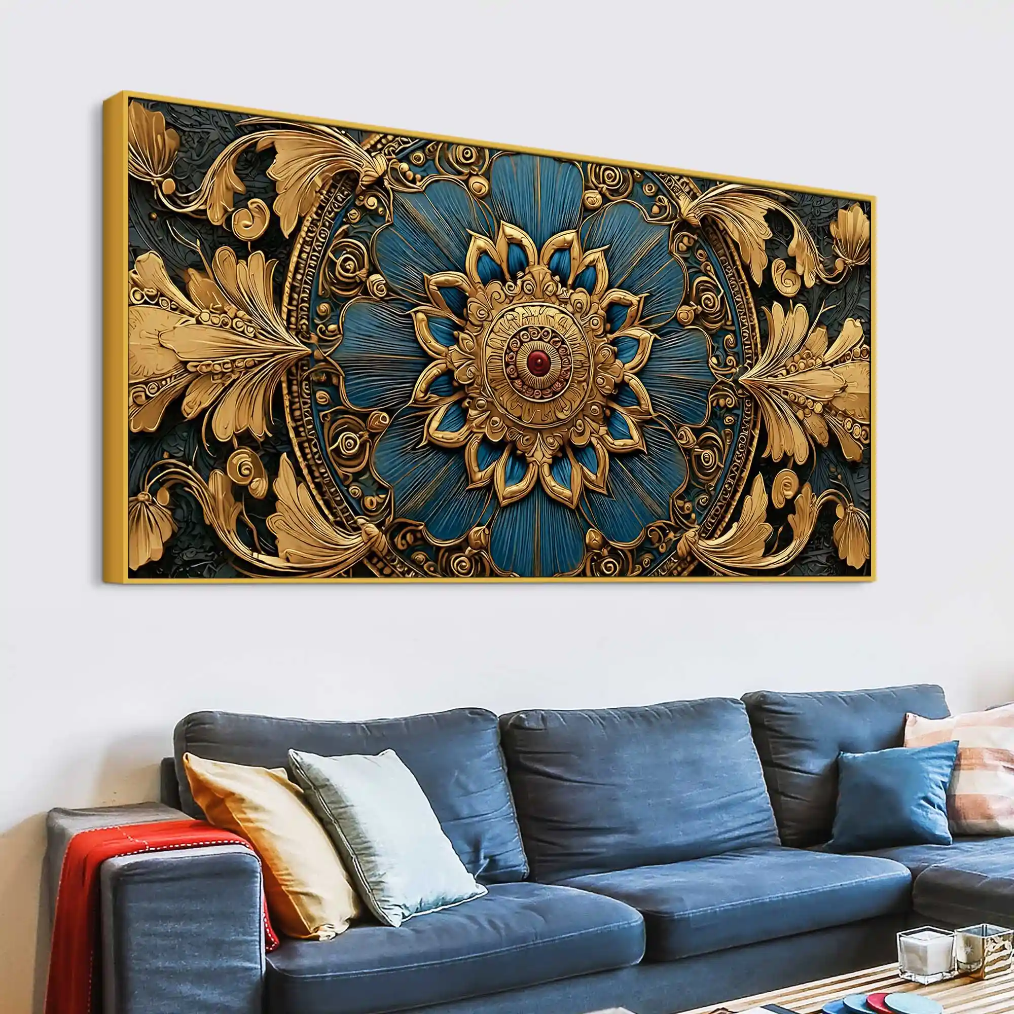 Royal Blue and Gold Mandala Canvas Wall Painting for Home Decor - Image 5
