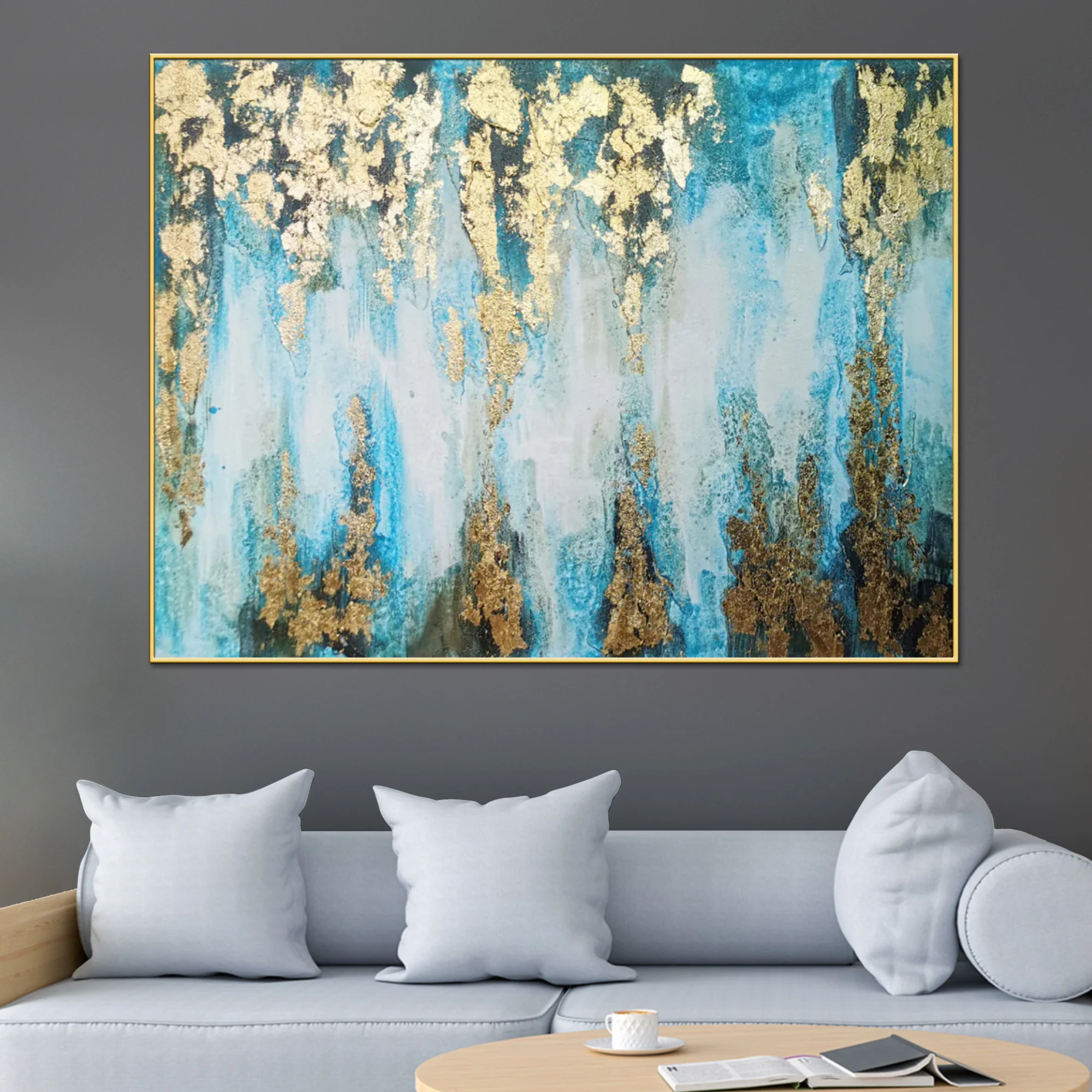 Royal Blue Thames Abstract Art Hand Painted Wall Painting with Floating Frame - Image 2