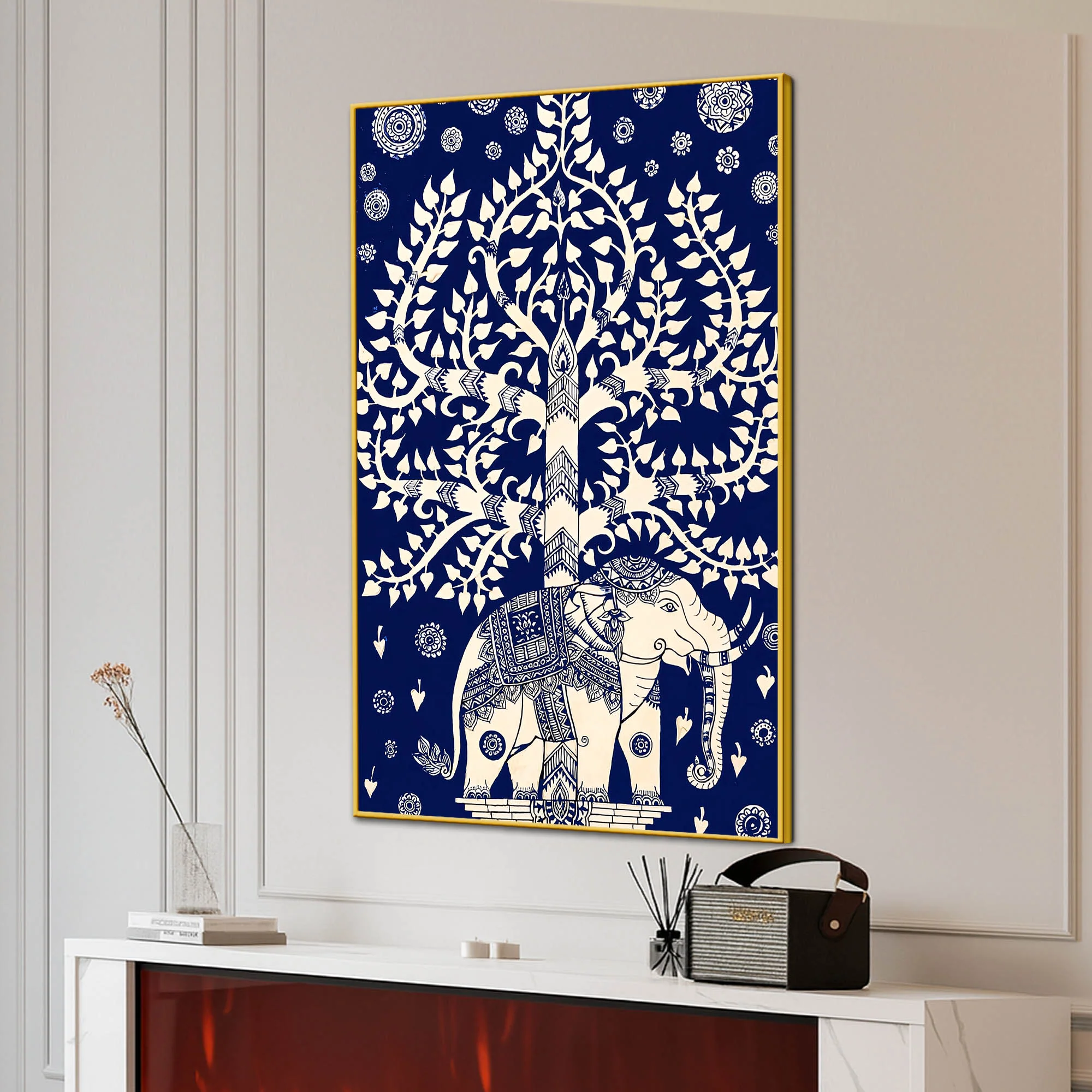 Royal Blue Tree of Life Elephant Wall Art Canvas Painting - Image 3