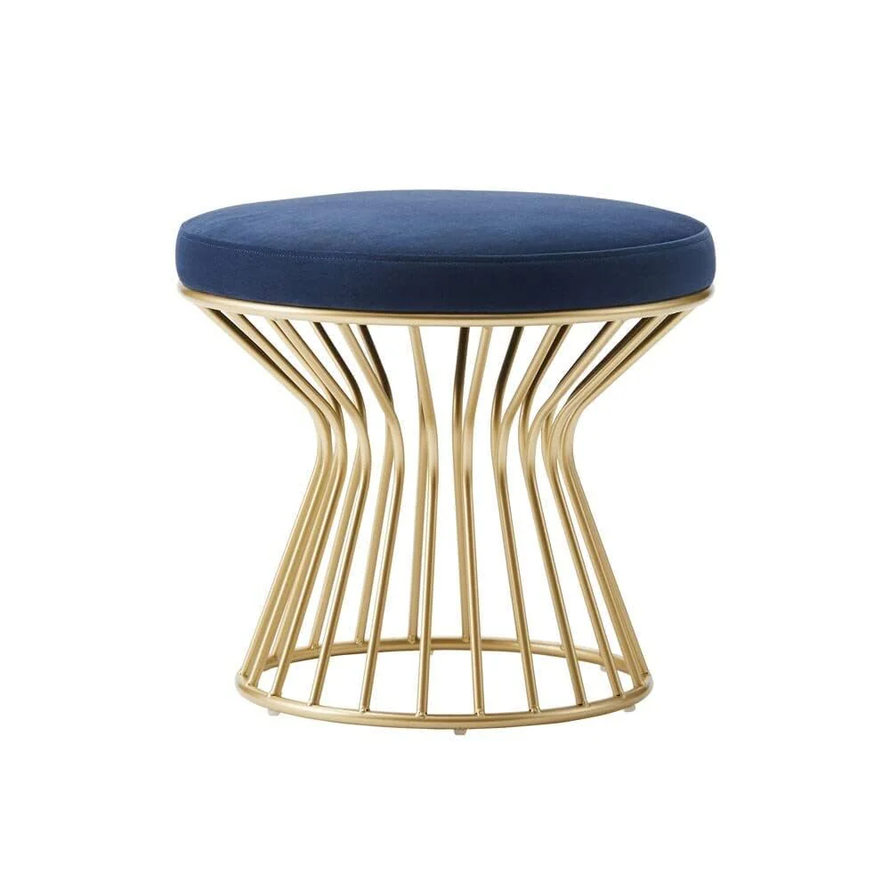 Royal Blue Velvet Pouffe with Glamorous Gold Detailing - Image 2