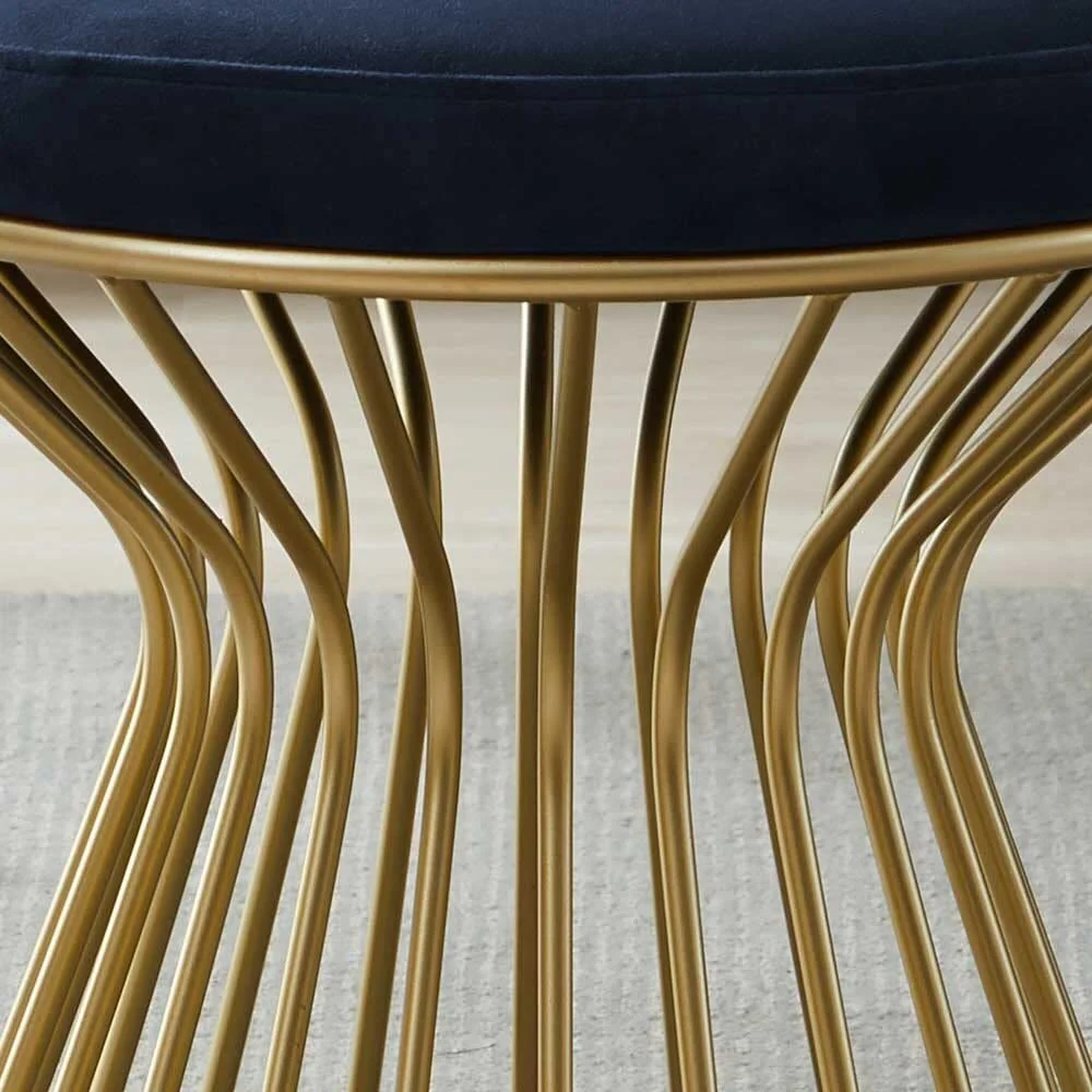 Royal Blue Velvet Pouffe with Glamorous Gold Detailing - Image 3