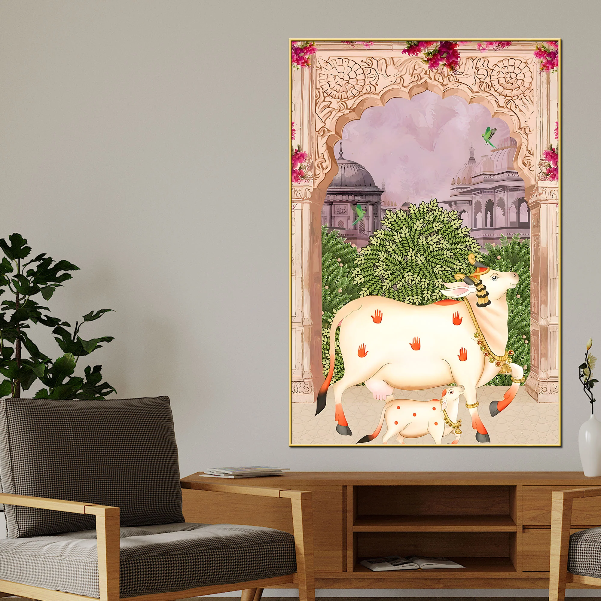 Royal Cow and Calf Pichwai Style Canvas Wall Painting - Image 2