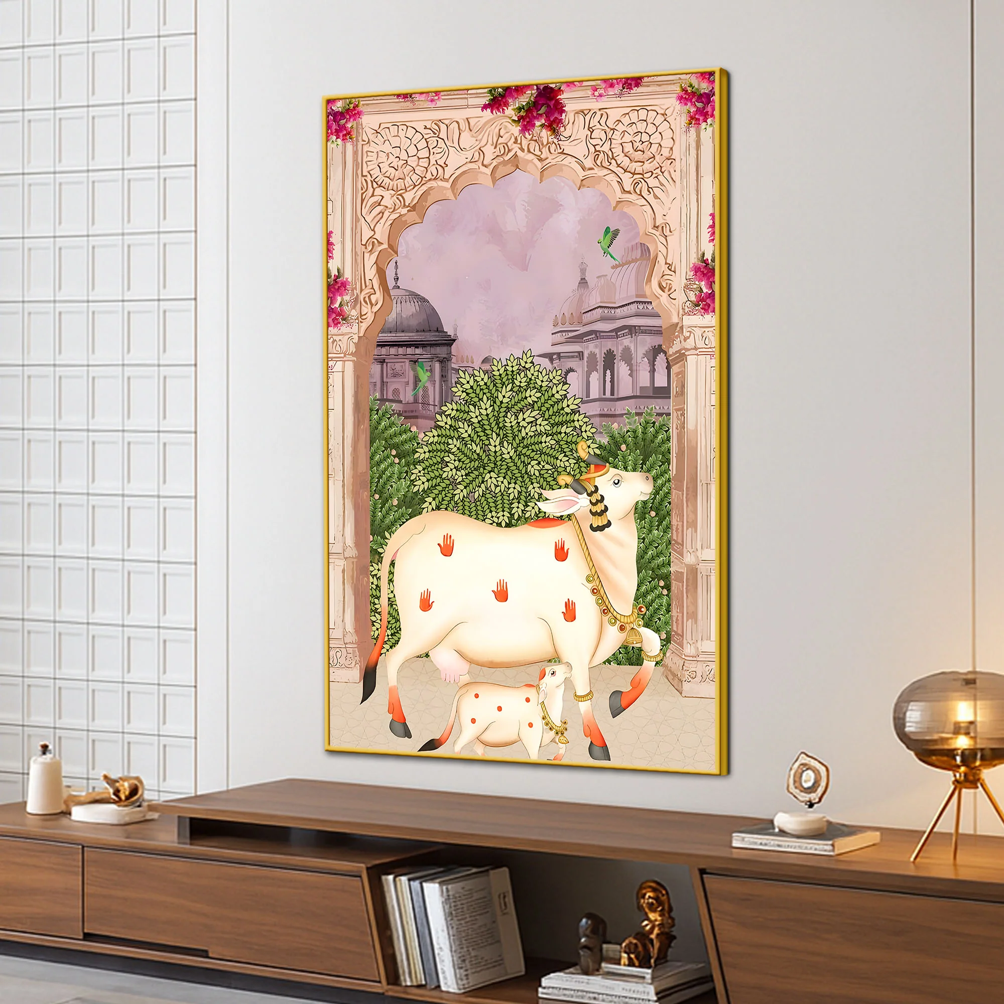 Royal Cow and Calf Pichwai Style Canvas Wall Painting - Image 3
