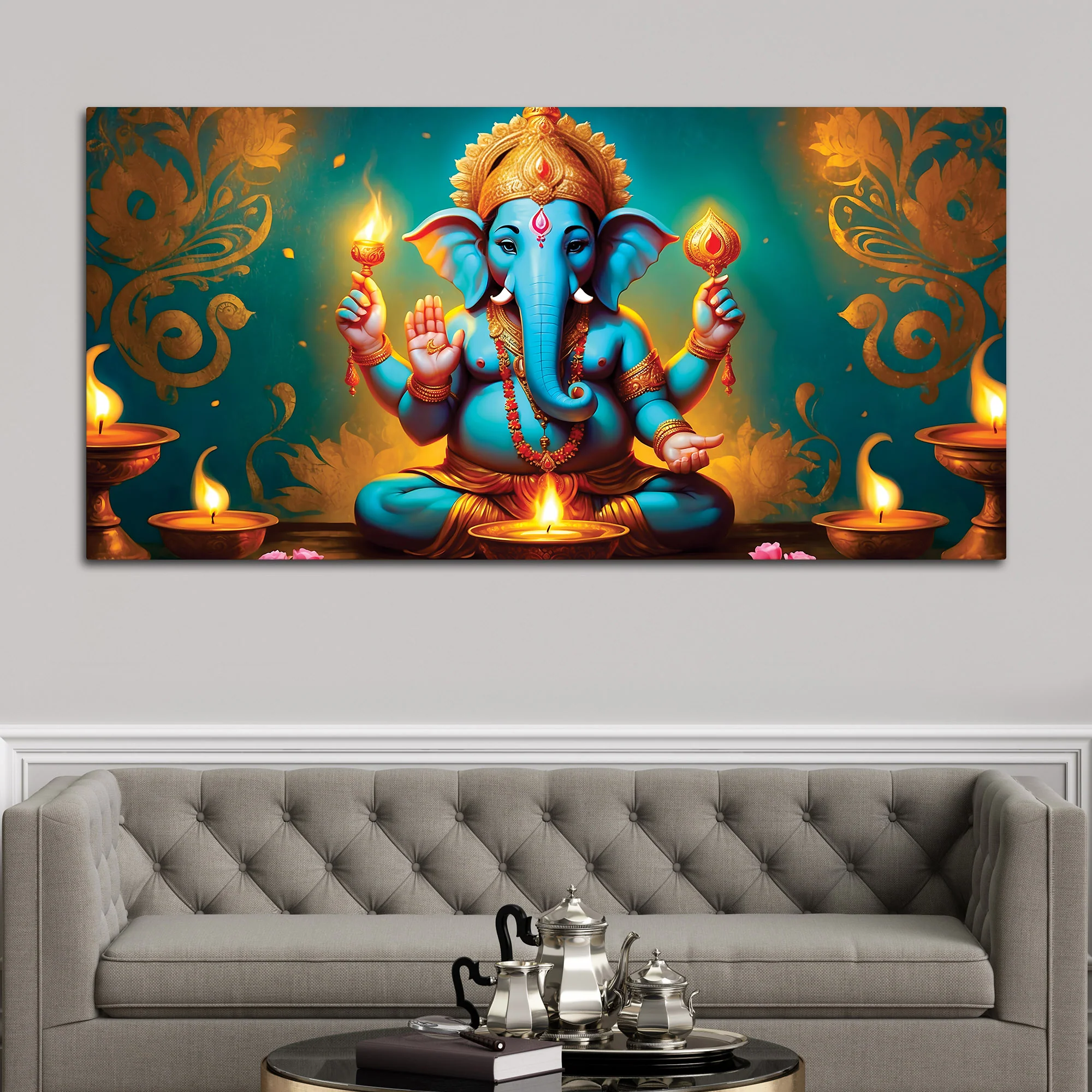 Royal Divine Blue Lord Ganesha Sitted with Golden Lamps Devotional Canvas Wall Painting for Home & Office Decor – Modern Spiritual Wall Art - Image 2