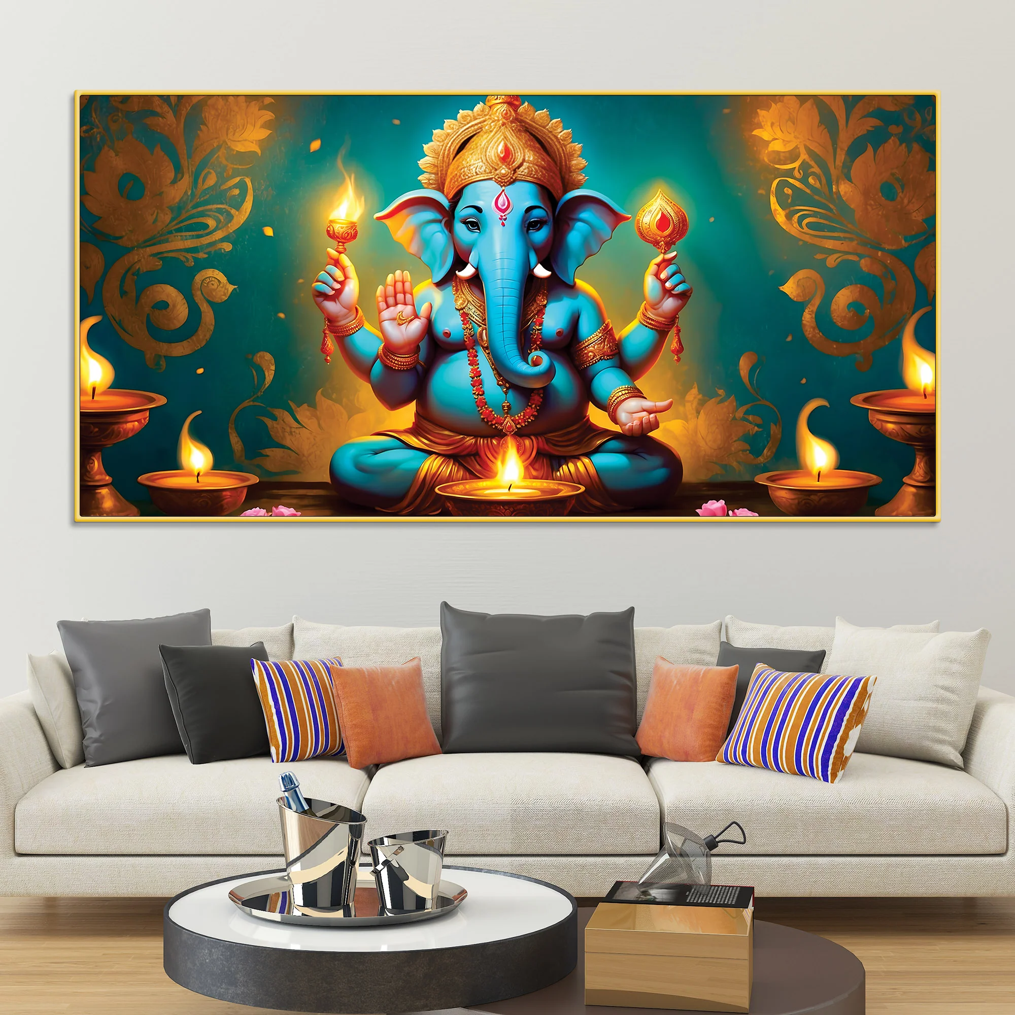 Royal Divine Blue Lord Ganesha Sitted with Golden Lamps Devotional Canvas Wall Painting for Home & Office Decor – Modern Spiritual Wall Art - Image 3