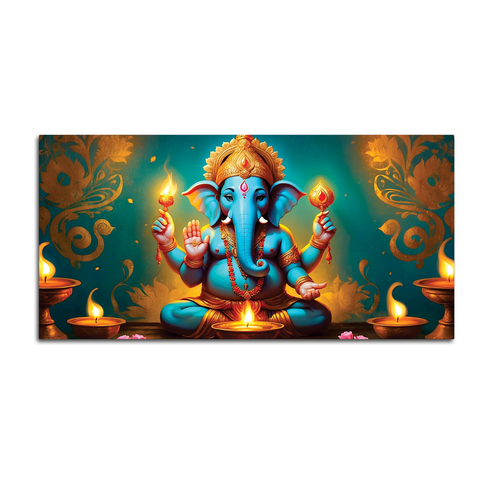Royal Divine Blue Lord Ganesha Sitted with Golden Lamps Devotional Canvas Wall Painting for Home & Office Decor – Modern Spiritual Wall Art - Image 4