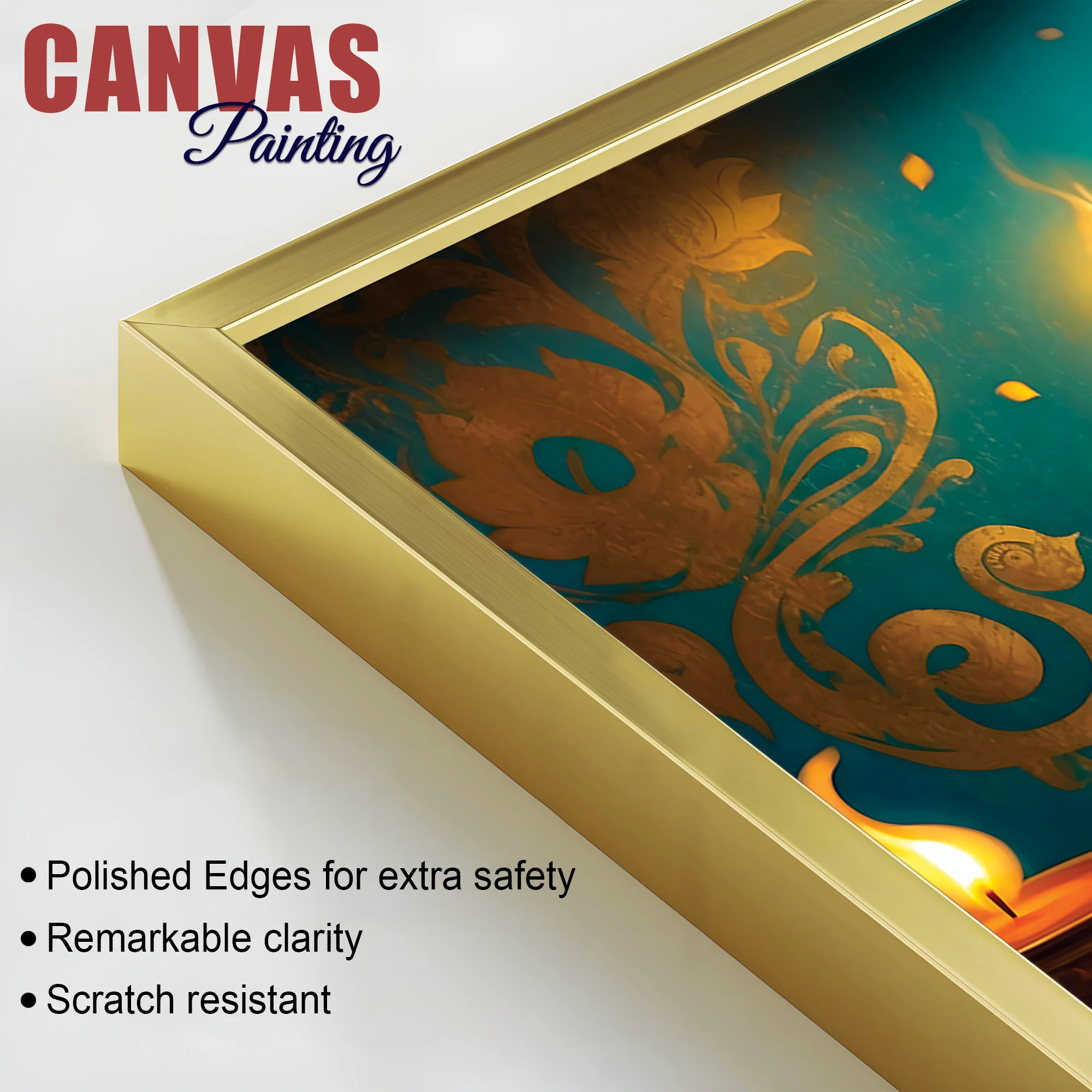 Royal Divine Blue Lord Ganesha Sitted with Golden Lamps Devotional Canvas Wall Painting for Home & Office Decor – Modern Spiritual Wall Art - Image 6