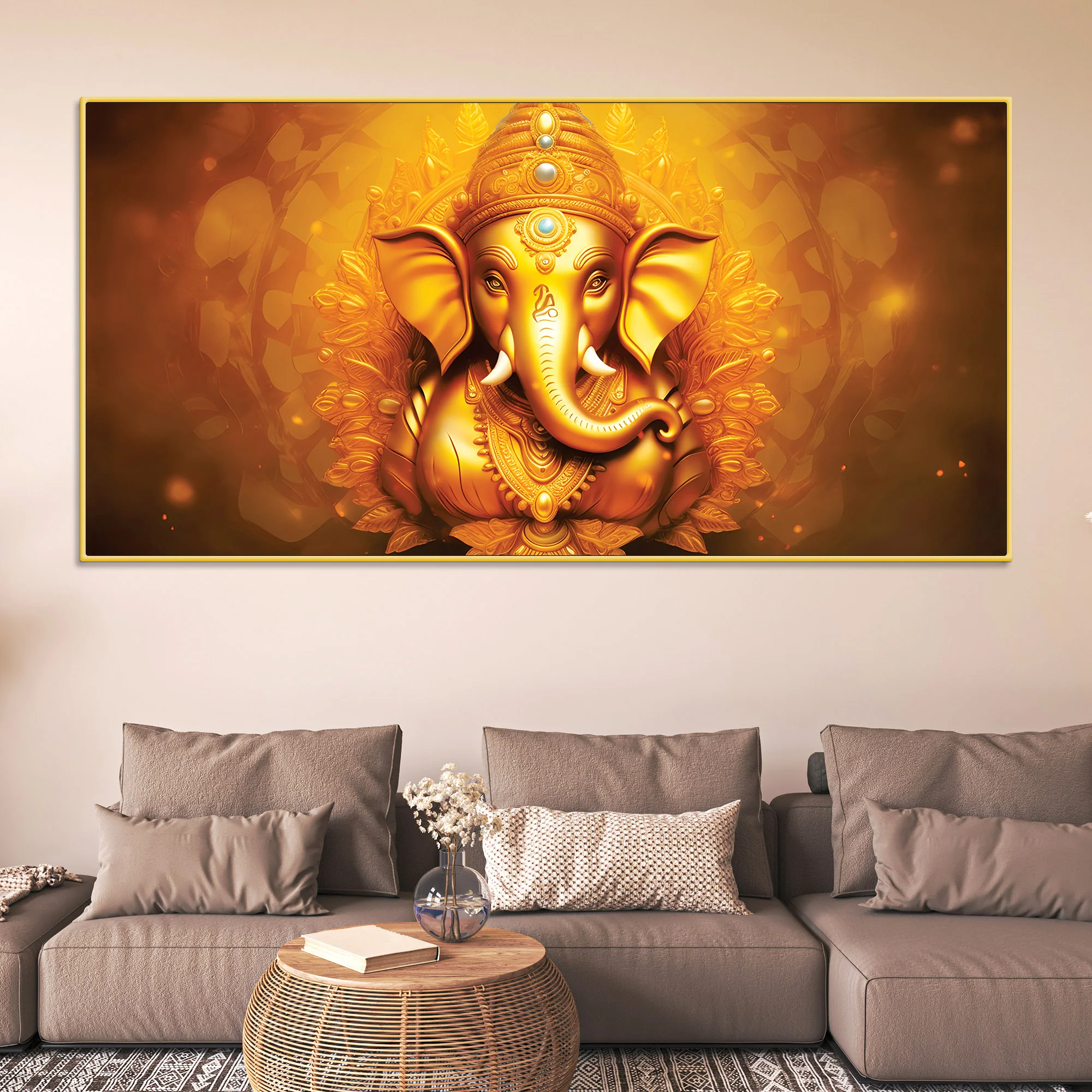 Royal Divine Golden Lord Ganesha Elegant Canvas Wall Painting for Home & Office Decor – Modern Devotional Wall Art - Image 3