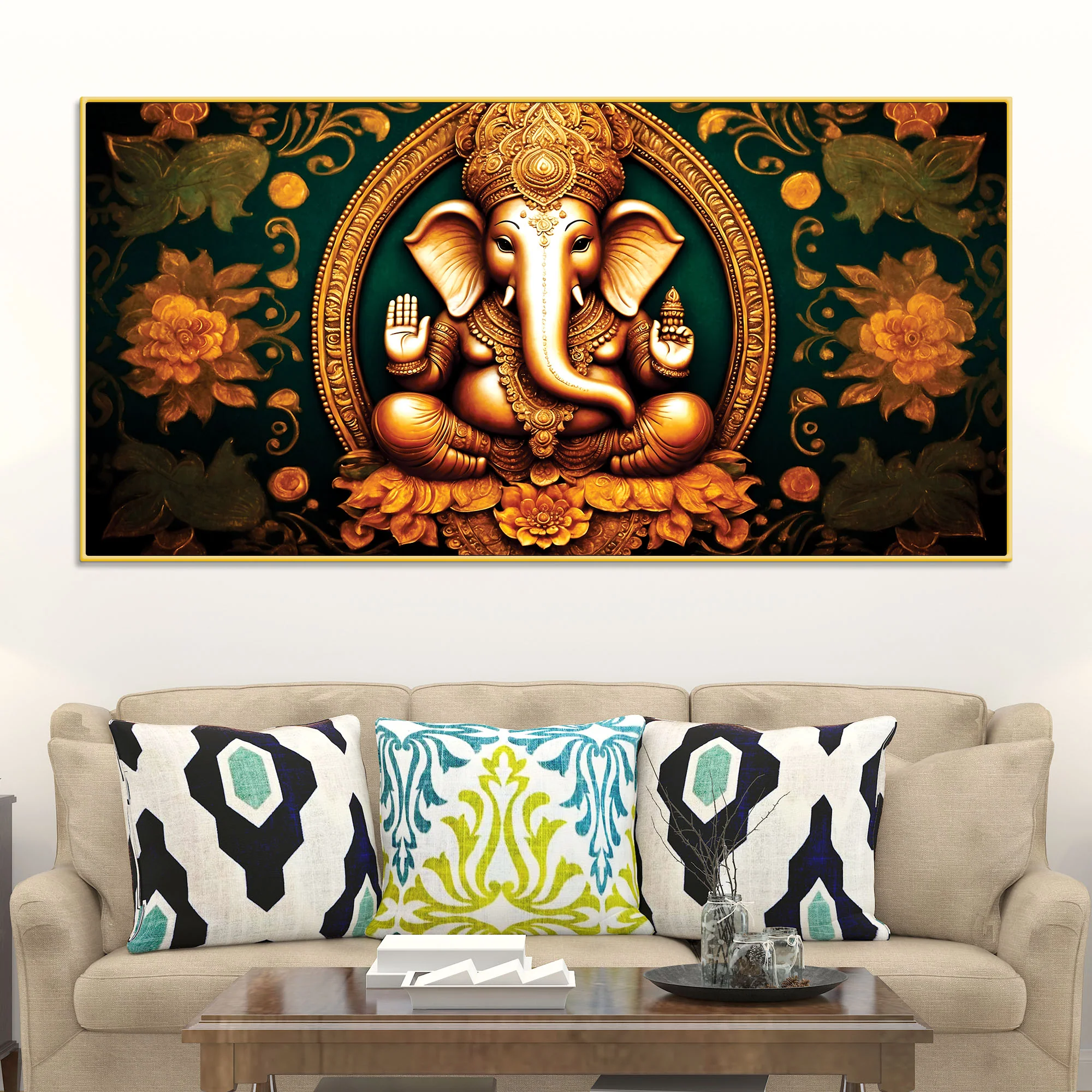 Royal Divine Lord Shri Ganesha with Beautiful Flowers Spiritual Canvas Wall Painting for Home & Office Decor – Modern Devotional Wall Art