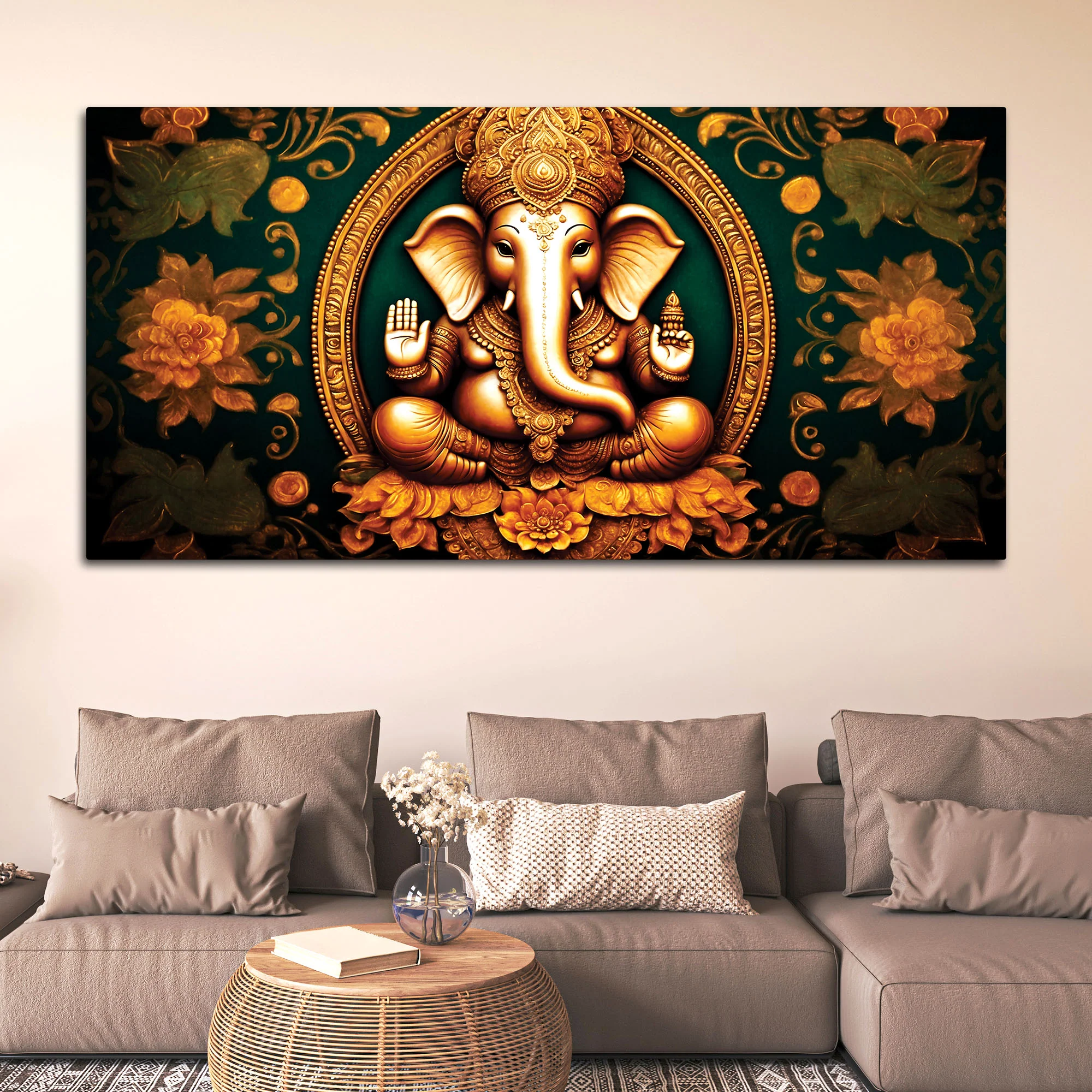 Royal Divine Lord Shri Ganesha with Beautiful Flowers Spiritual Canvas Wall Painting for Home & Office Decor – Modern Devotional Wall Art - Image 2