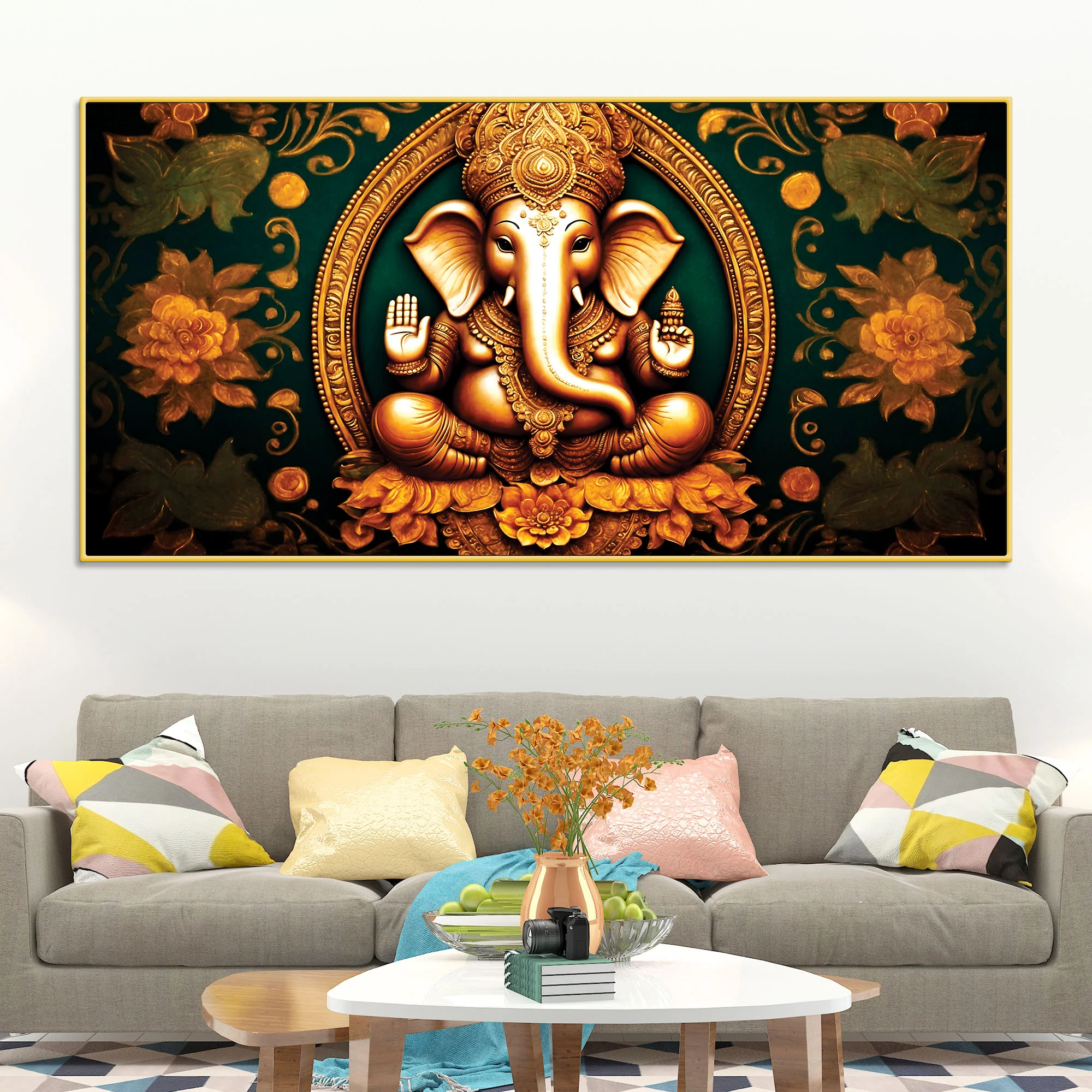 Royal Divine Lord Shri Ganesha with Beautiful Flowers Spiritual Canvas Wall Painting for Home & Office Decor – Modern Devotional Wall Art - Image 3