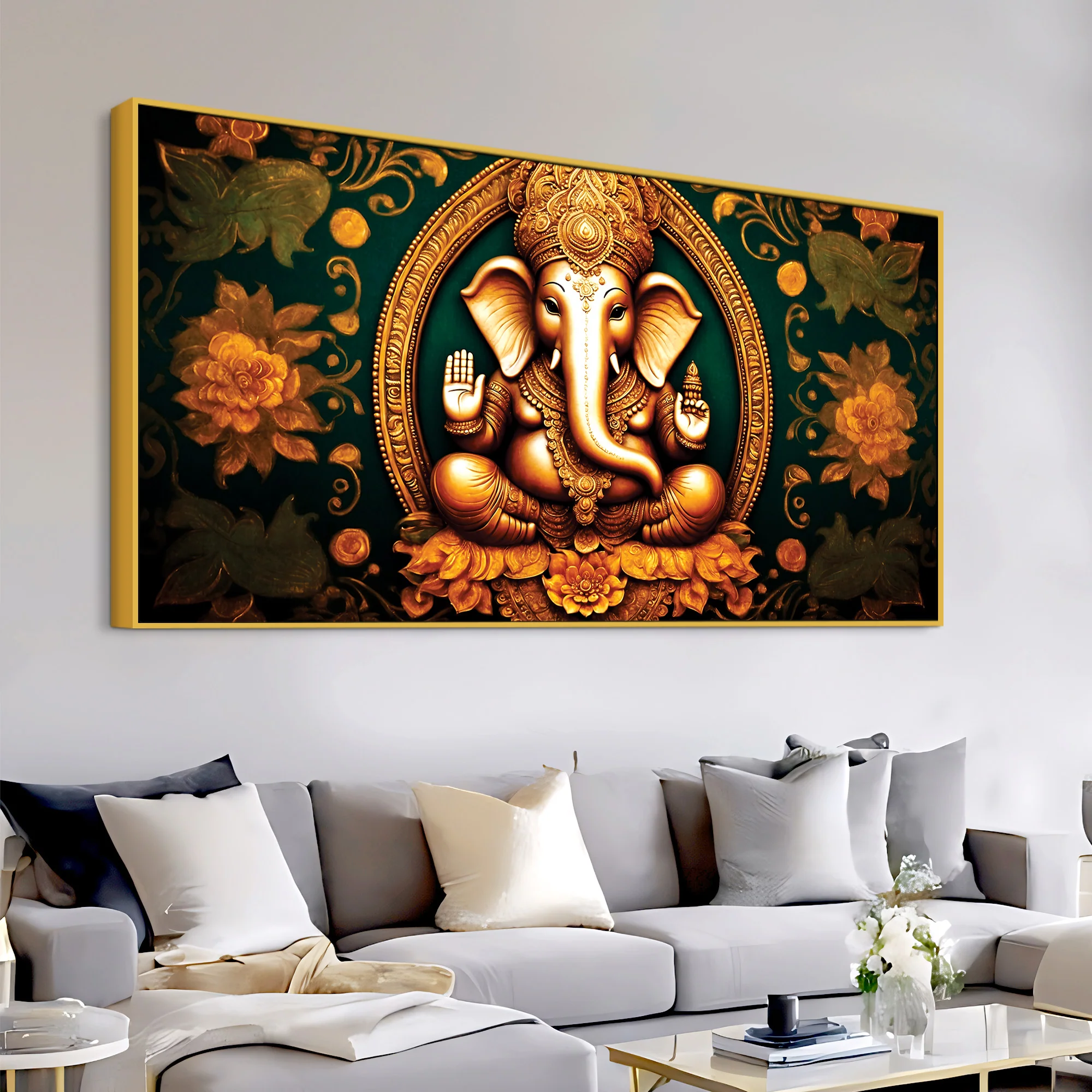 Royal Divine Lord Shri Ganesha with Beautiful Flowers Spiritual Canvas Wall Painting for Home & Office Decor – Modern Devotional Wall Art - Image 5