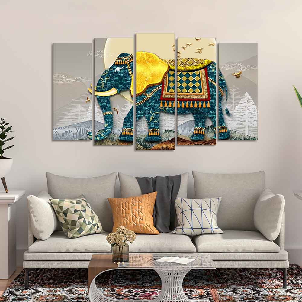 Royal Elephant With Golden Tusks Canvas Wall Painting of Five Pieces - Image 2