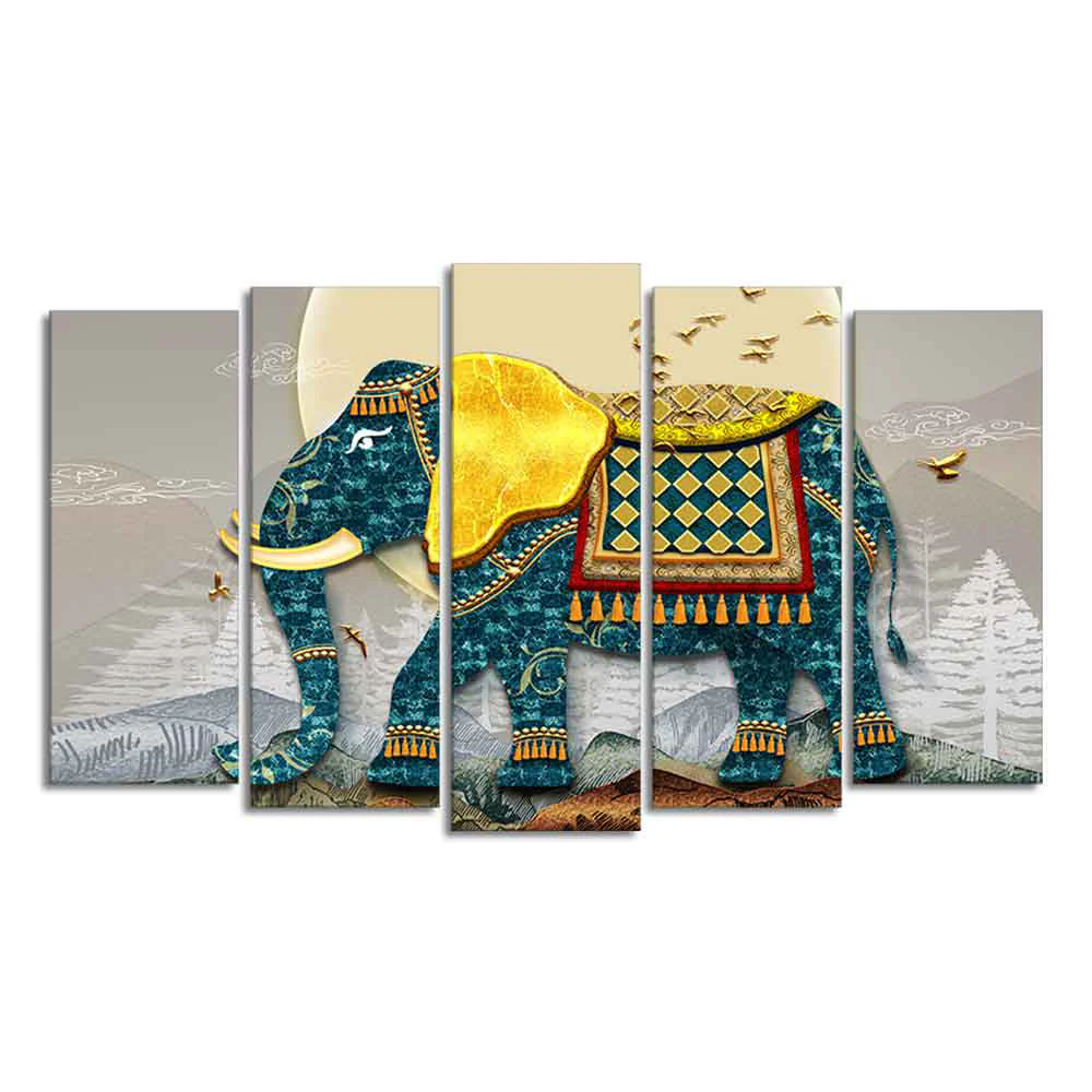 Royal Elephant With Golden Tusks Canvas Wall Painting of Five Pieces - Image 5