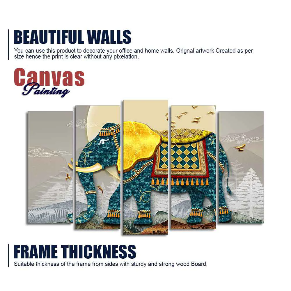 Royal Elephant With Golden Tusks Canvas Wall Painting of Five Pieces - Image 6