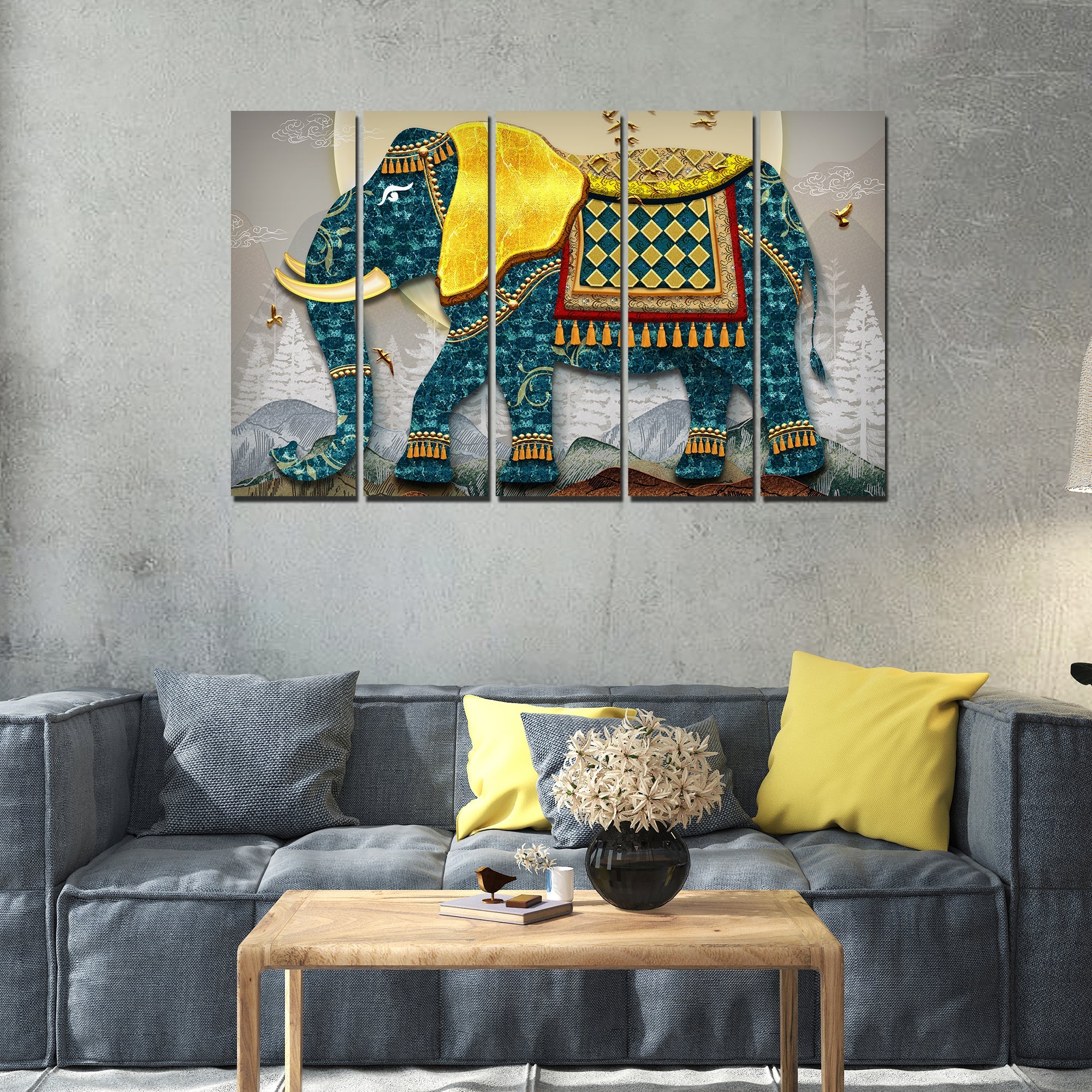 Royal Elephant With Golden Tusks Canvas Wall Painting Set of Five - Image 2