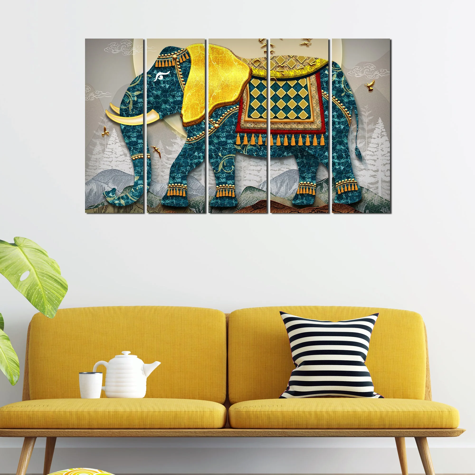Royal Elephant With Golden Tusks Canvas Wall Painting Set of Five - Image 3