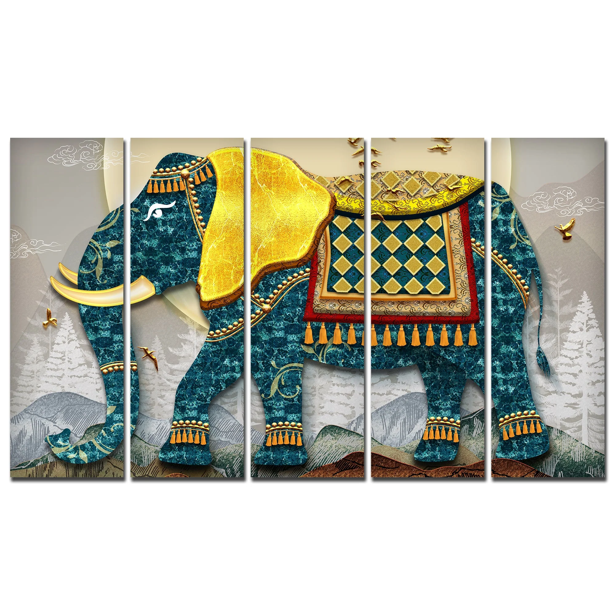 Royal Elephant With Golden Tusks Canvas Wall Painting Set of Five - Image 4