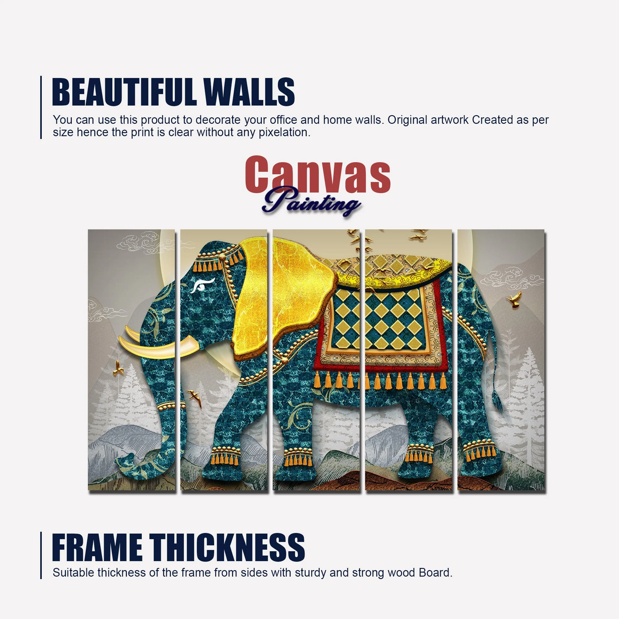 Royal Elephant With Golden Tusks Canvas Wall Painting Set of Five - Image 5