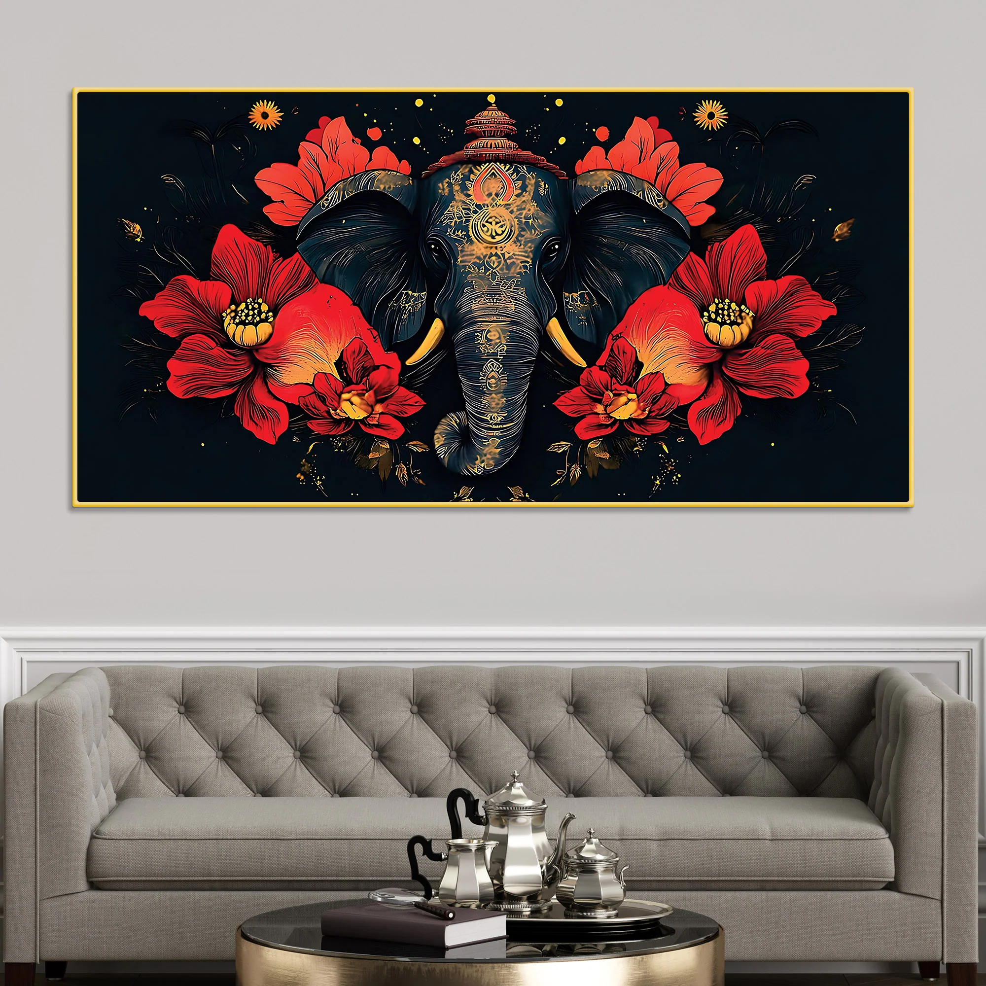 Royal Elephant with Hibiscus flowers Artistic Canvas Wall Painting for Home & Office – Premium Wall Décor - Image 3