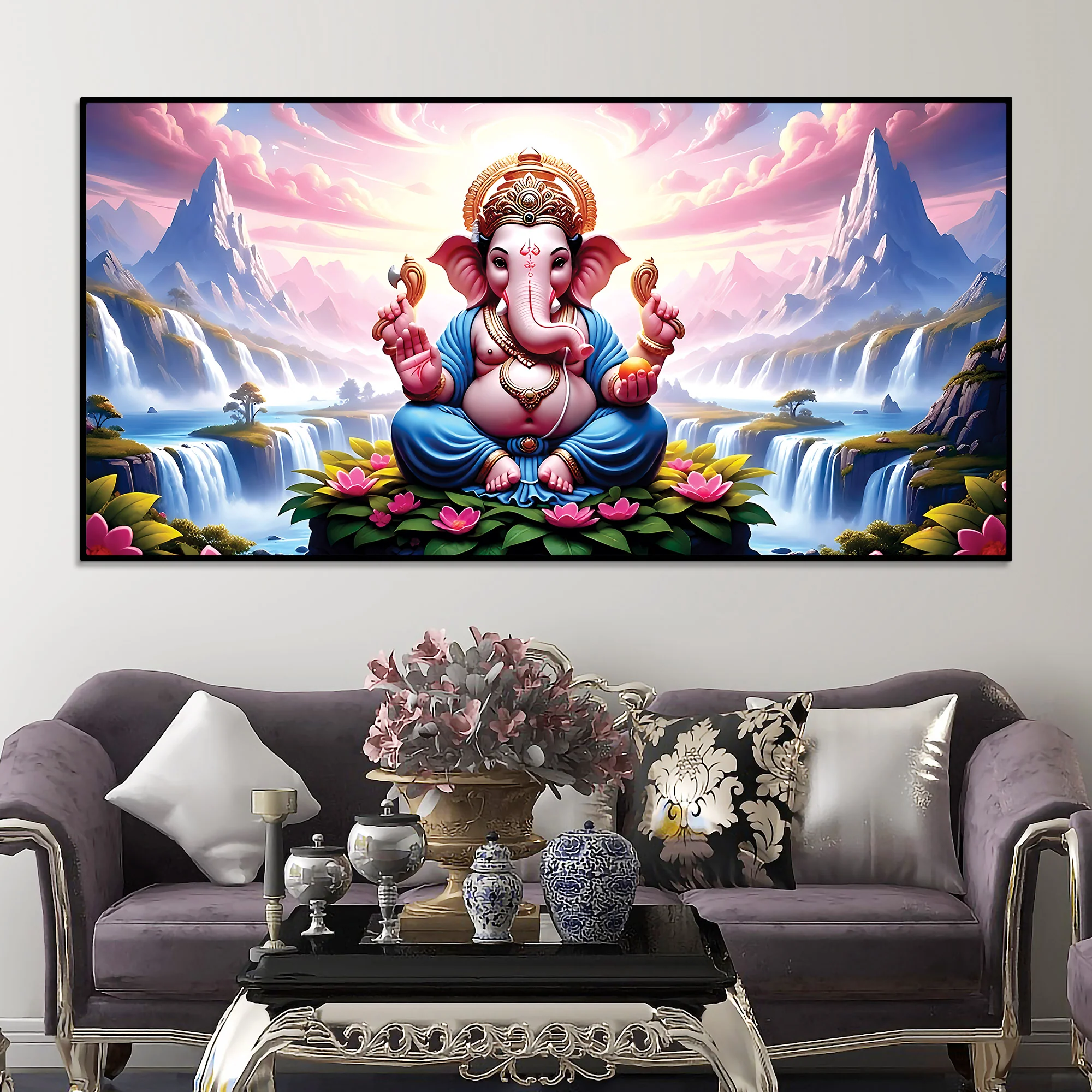Royal Lord Ganesha Sitting Between Mountains & Waterfall Canvas Wall Painting For Home & Pooja Spaces – Modern Spiritual Wall Art