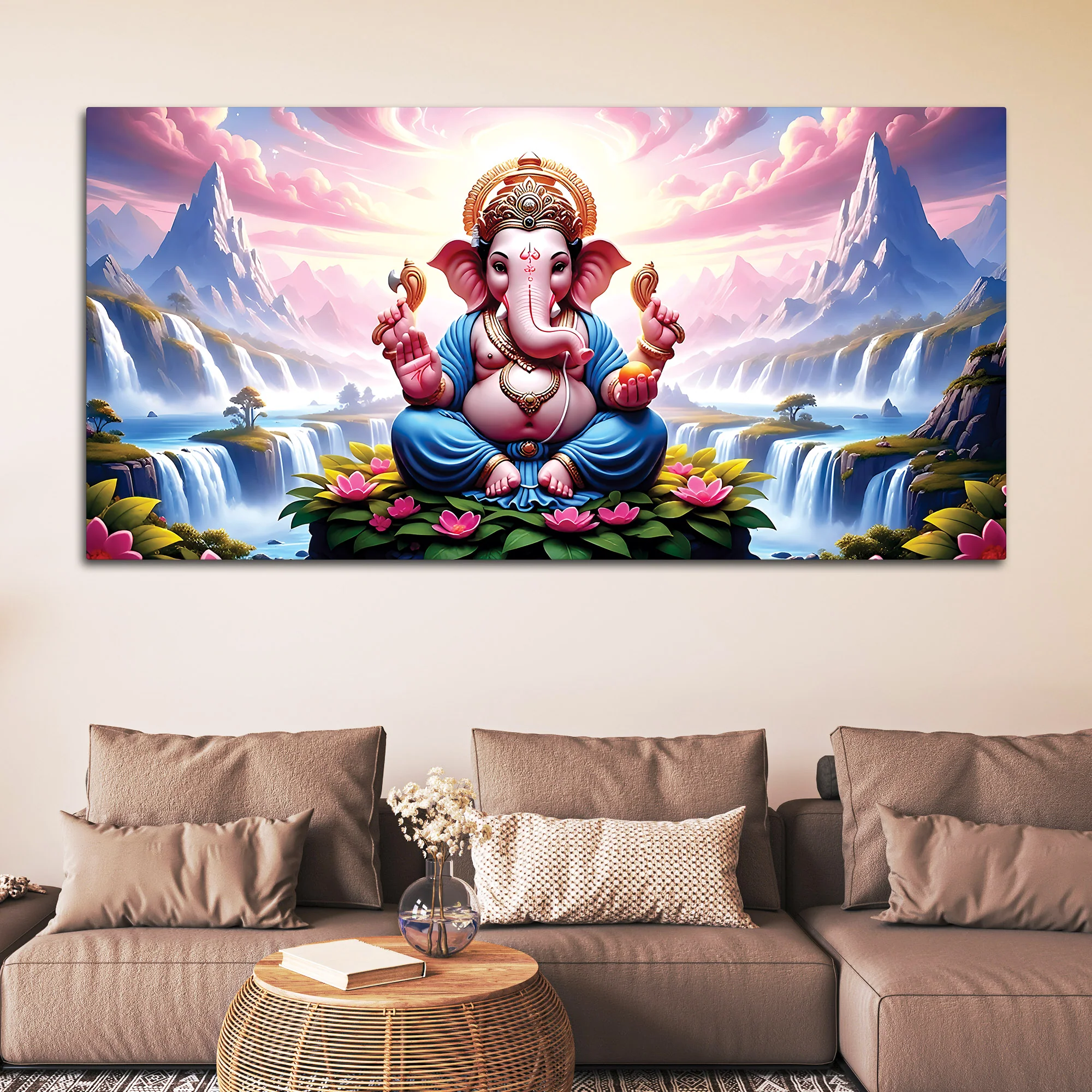 Royal Lord Ganesha Sitting Between Mountains & Waterfall Canvas Wall Painting For Home & Pooja Spaces – Modern Spiritual Wall Art - Image 2