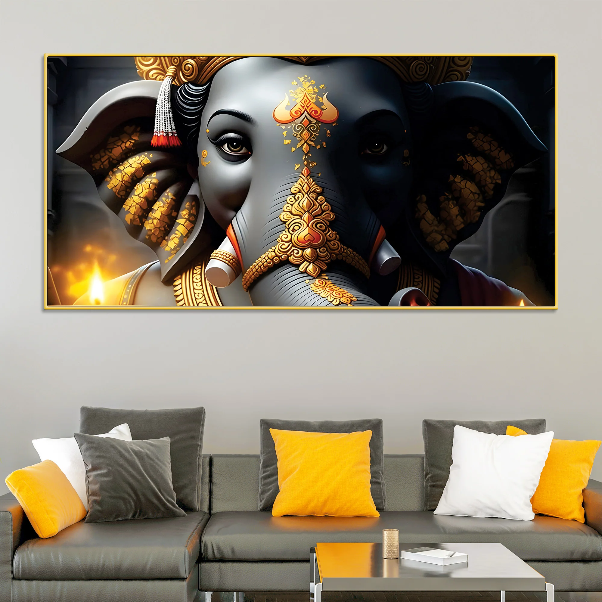 Royal Lord Shri Ganesha Grey & Dark Gold Canvas Wall Painting – Luxury Spiritual Wall Art for Home & Office Decor