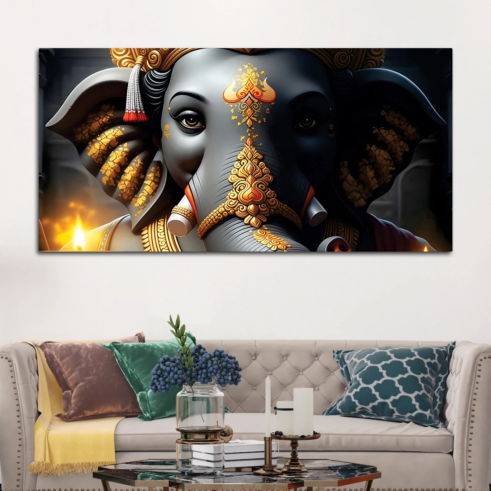 Royal Lord Shri Ganesha Grey & Dark Gold Canvas Wall Painting – Luxury Spiritual Wall Art for Home & Office Decor - Image 2